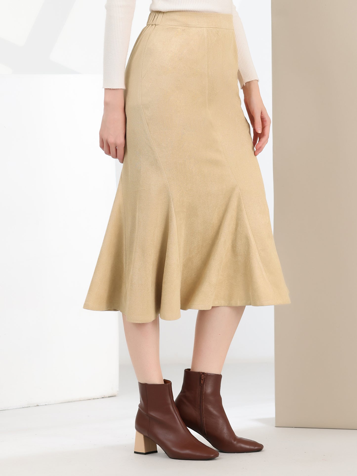 Women's Faux Suede Elastic Back Retro Work Fall Ruffle Hem Fishtail Midi Skirt