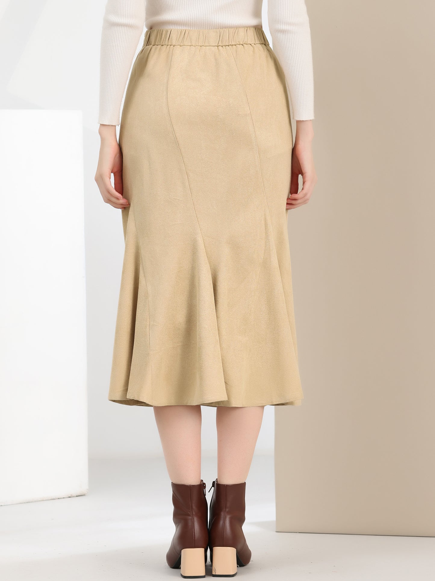 Women's Faux Suede Elastic Back Retro Work Fall Ruffle Hem Fishtail Midi Skirt