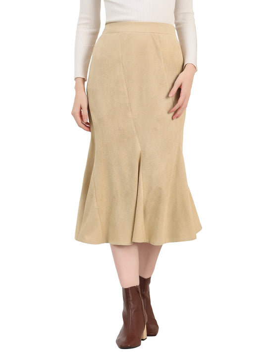 Women's Faux Suede Elastic Back Retro Work Fall Ruffle Hem Fishtail Midi Skirt