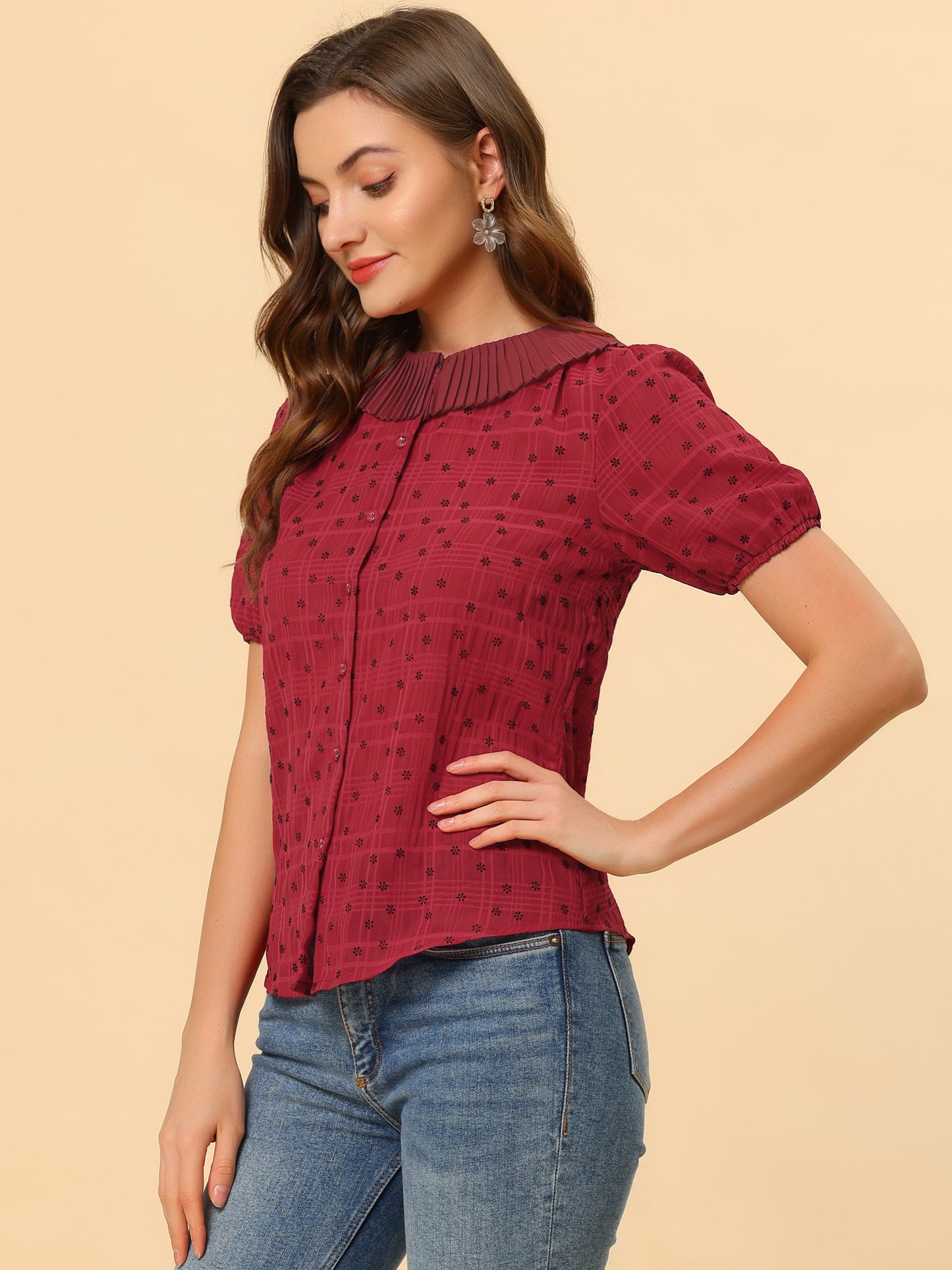 Women's Button Down Short Sleeve Pleated Collar Casual Daily Floral Blouse Shirt