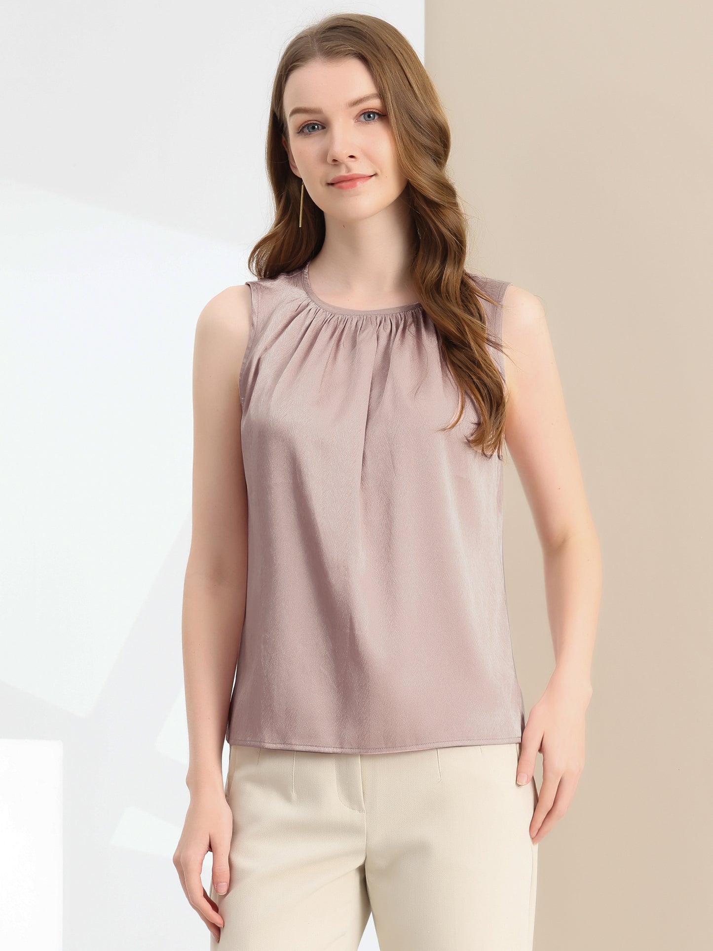 Women's Satin Sleeveless Work Office Pleated Vest Blouse Tank Top