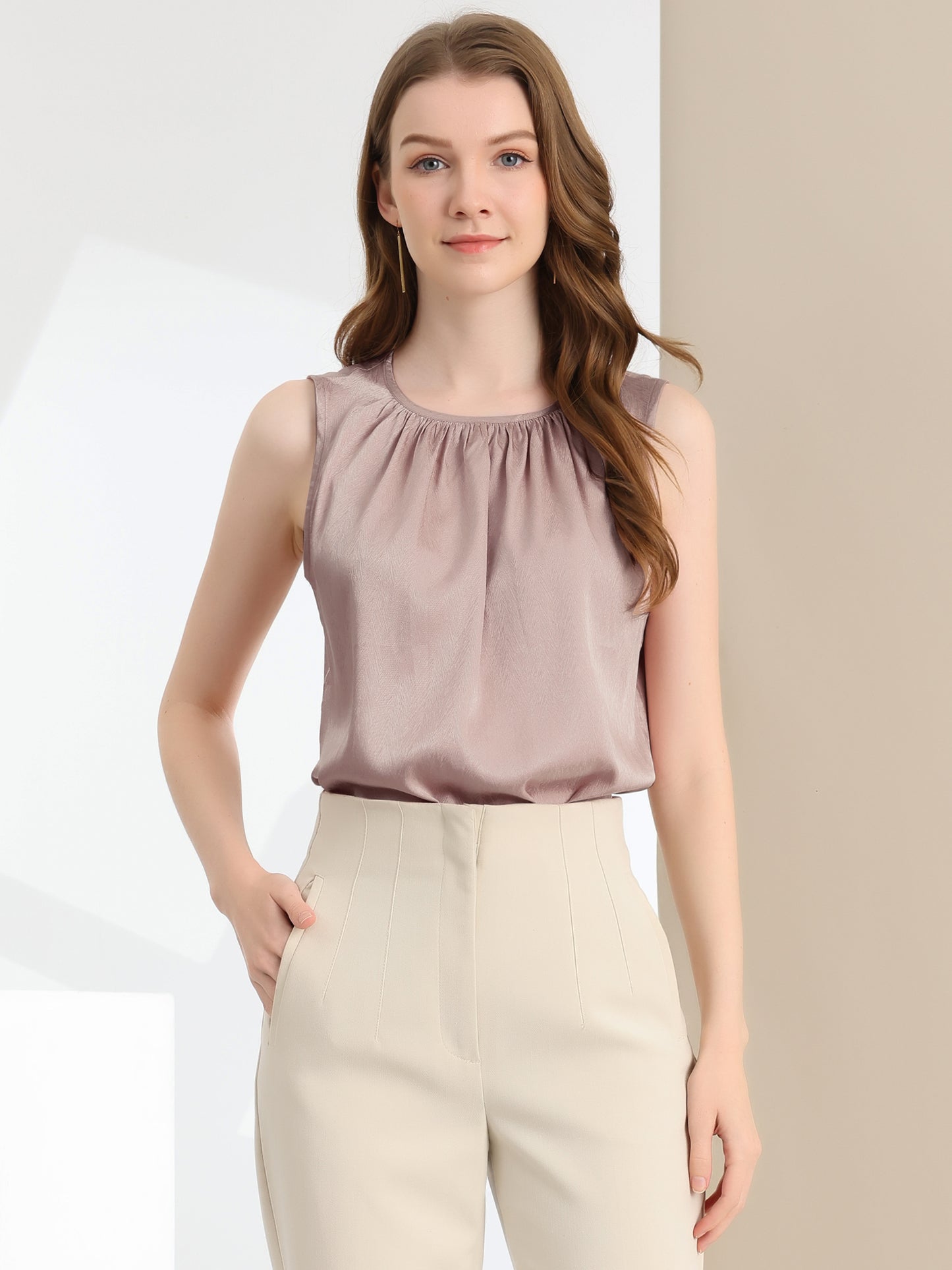 Women's Satin Sleeveless Work Office Pleated Vest Blouse Tank Top