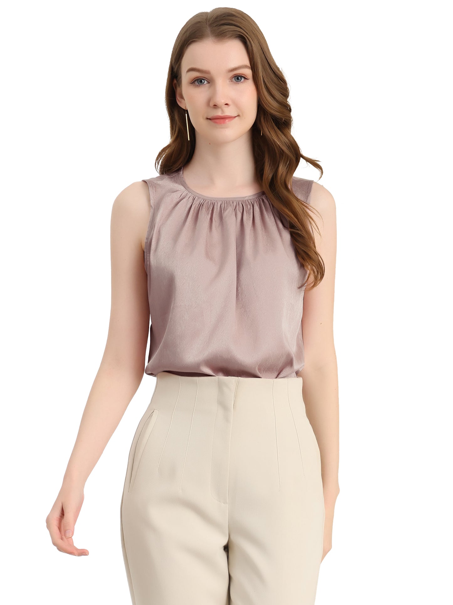 Women's Satin Sleeveless Work Office Pleated Vest Blouse Tank Top