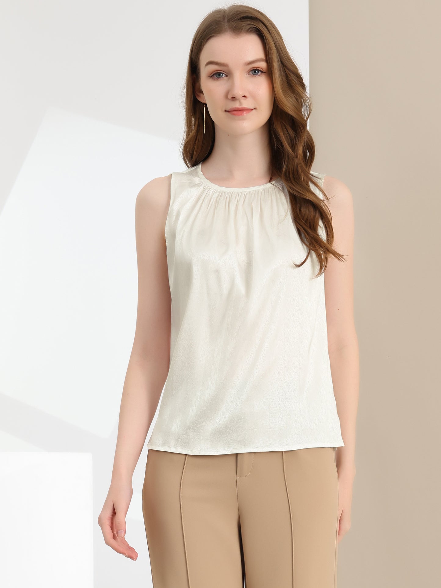 Women's Satin Sleeveless Work Office Pleated Vest Blouse Tank Top