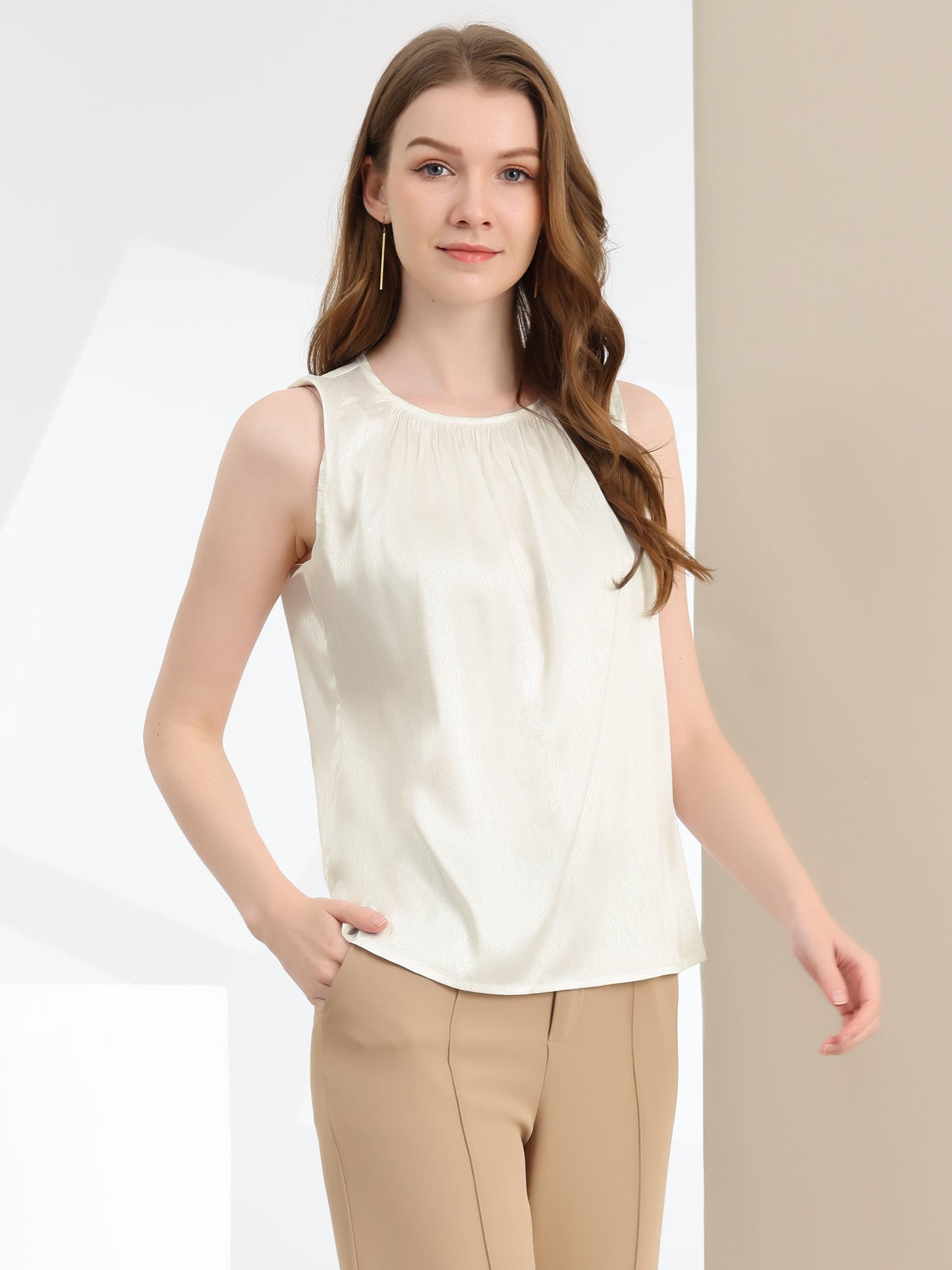 Women's Satin Sleeveless Work Office Pleated Vest Blouse Tank Top