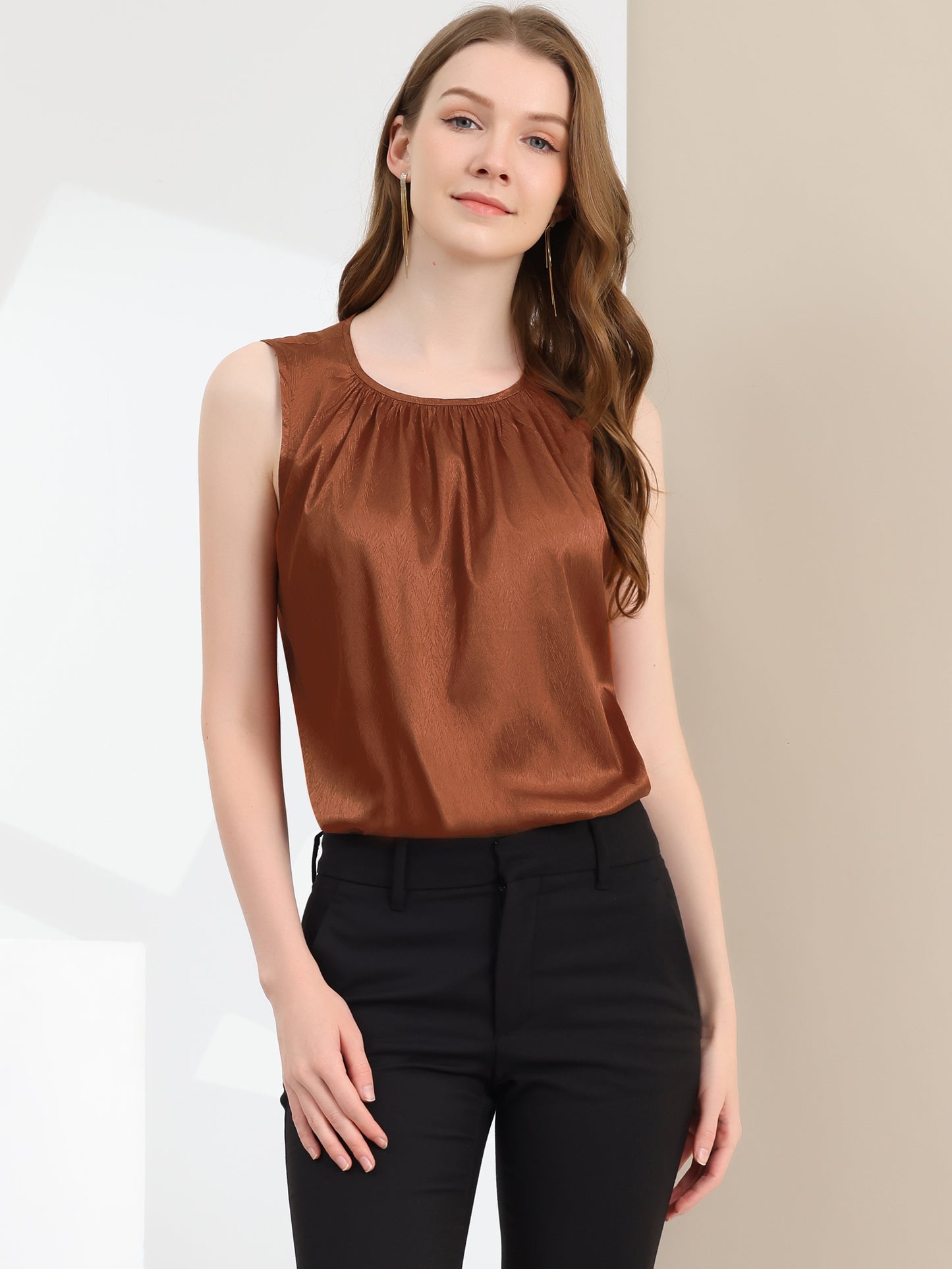 Women's Satin Sleeveless Work Office Pleated Vest Blouse Tank Top