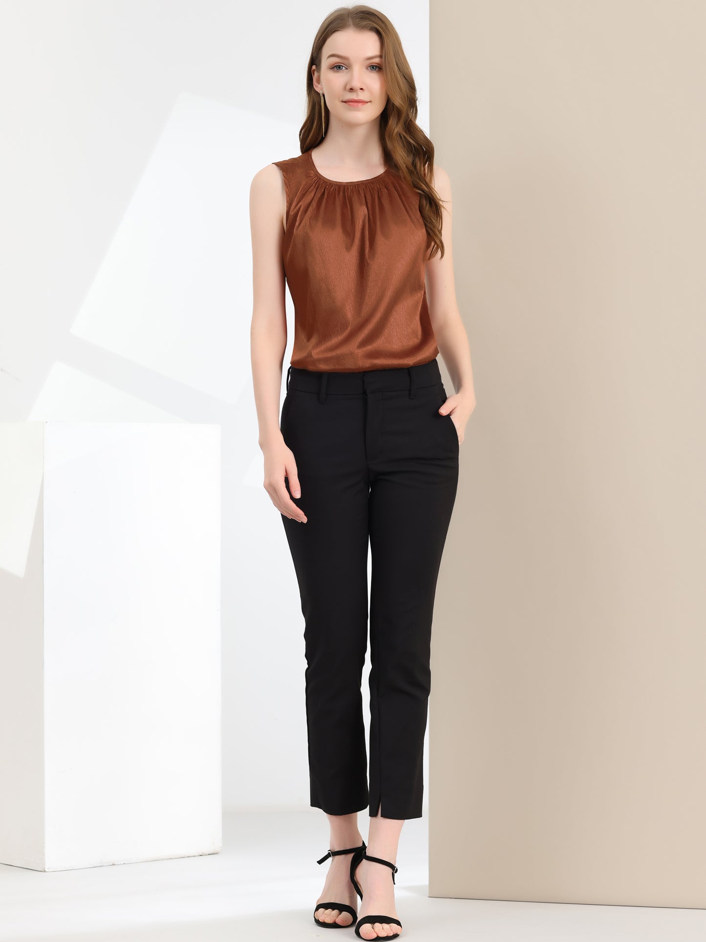 Women's Satin Sleeveless Work Office Pleated Vest Blouse Tank Top