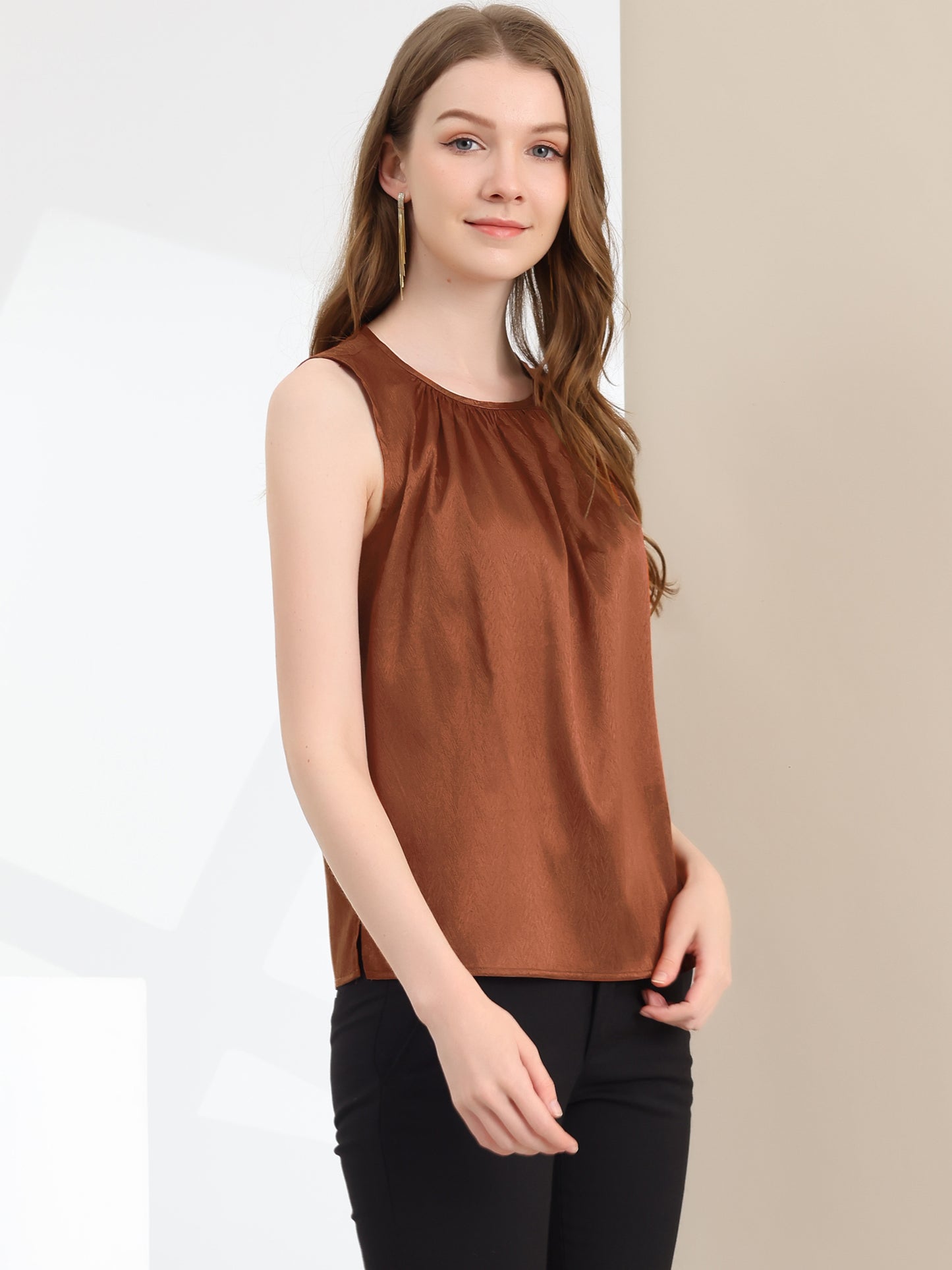Women's Satin Sleeveless Work Office Pleated Vest Blouse Tank Top