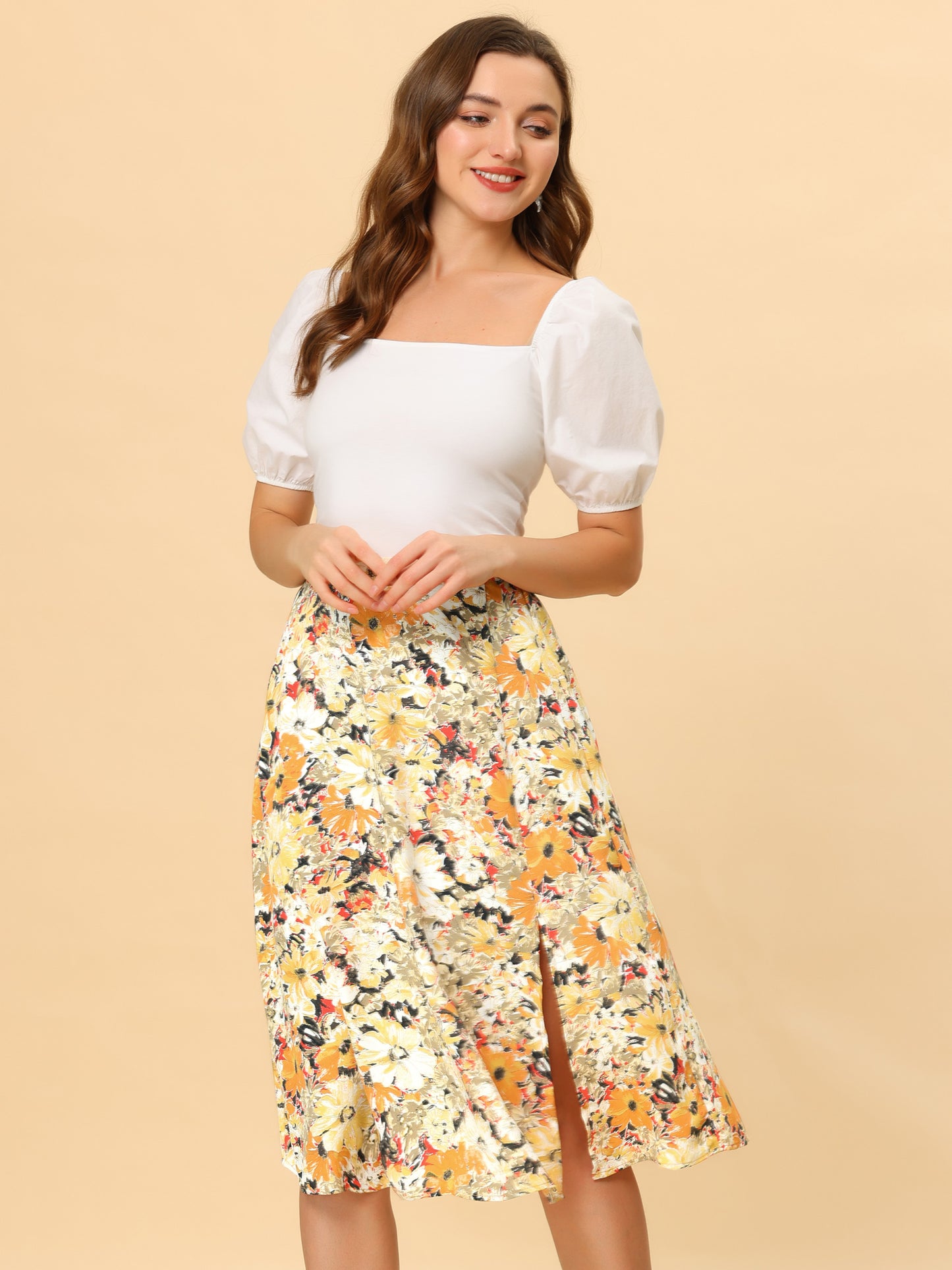 Women's Boho Floral High Waist Split A Line Midi Skirt