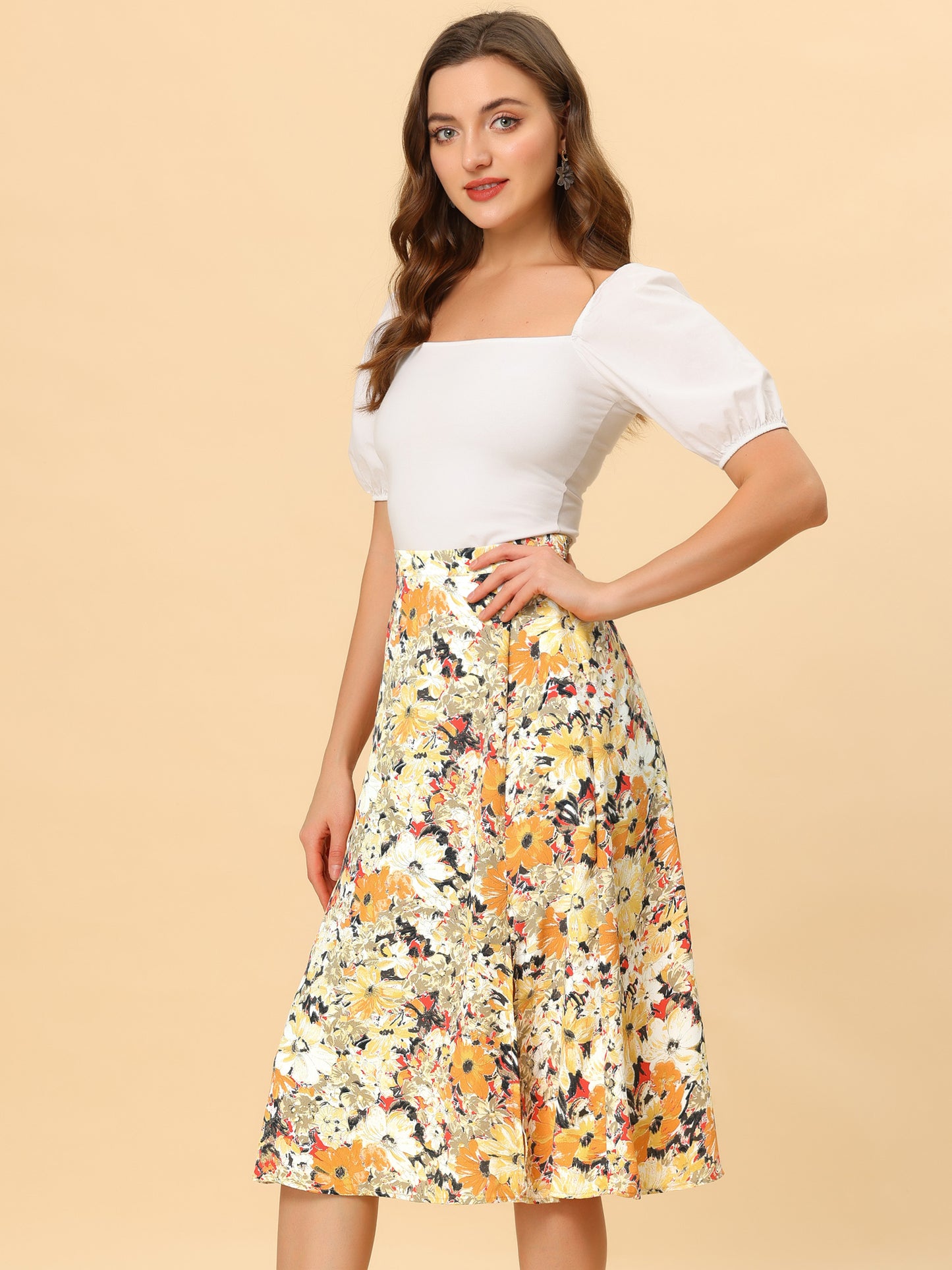Women's Boho Floral High Waist Split A Line Midi Skirt