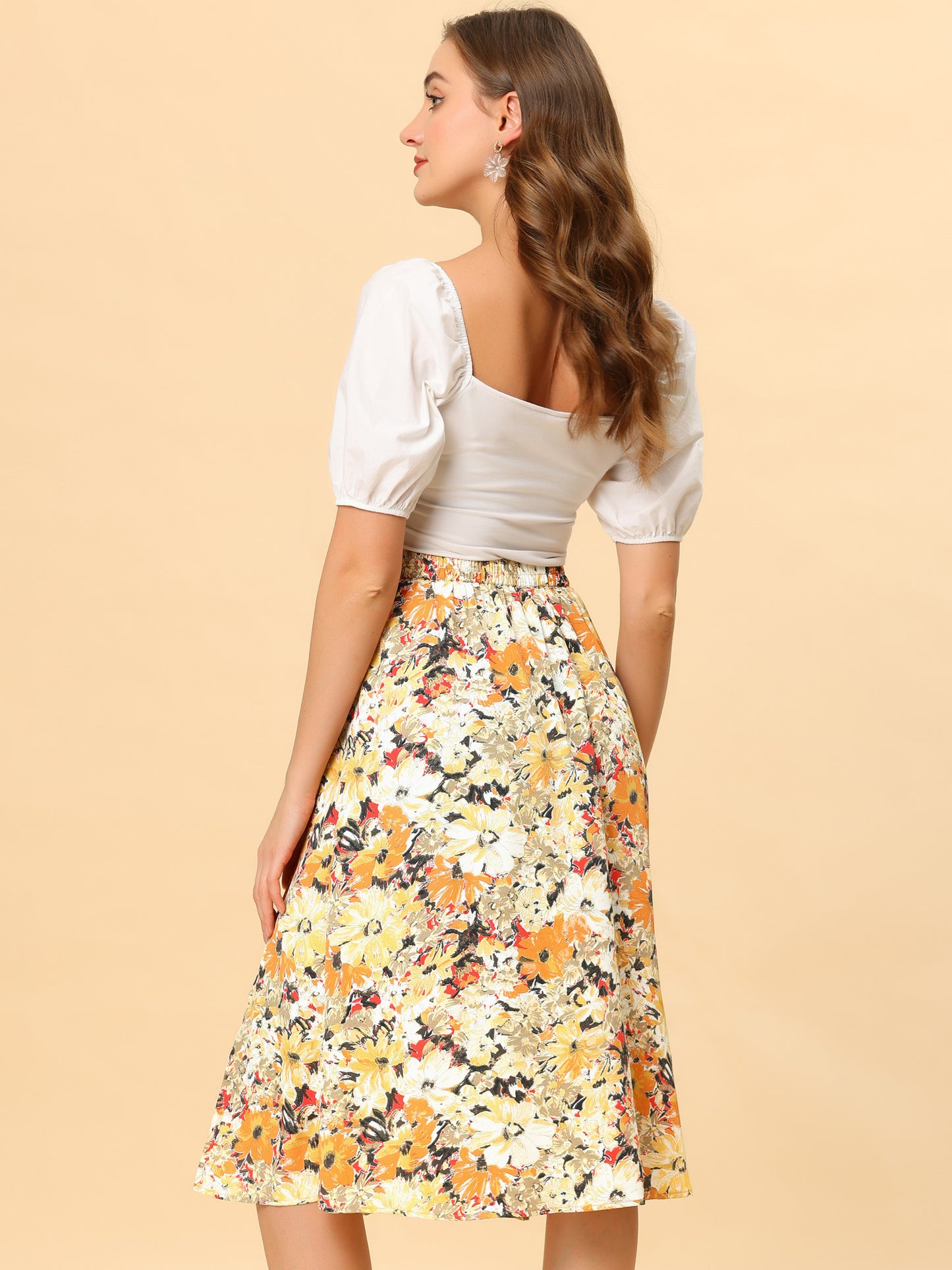 Women's Boho Floral High Waist Split A Line Midi Skirt