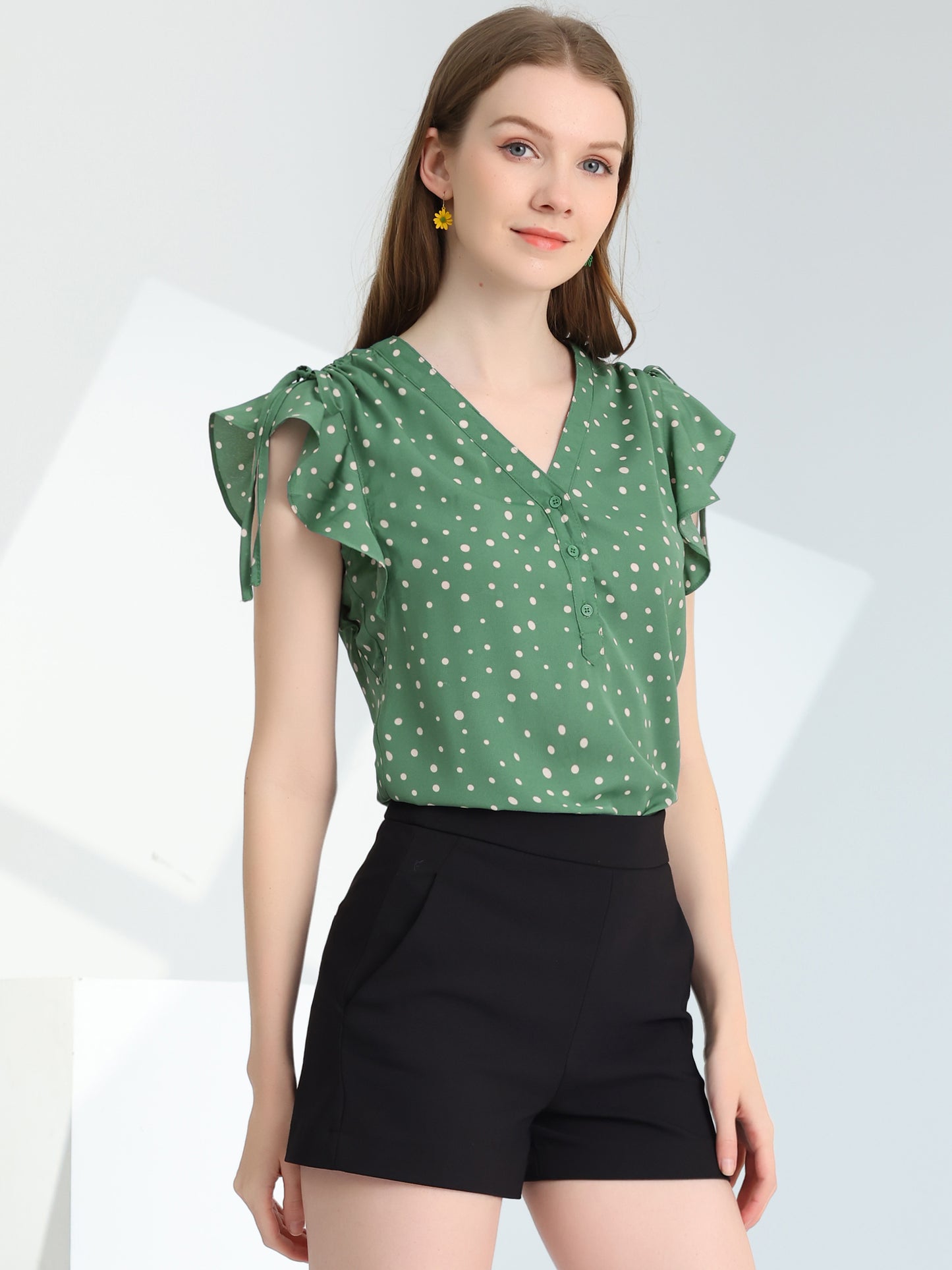 Women's Polka Dots Ruffle Chiffon V Neck Blouse Cap Sleeve Summer Top