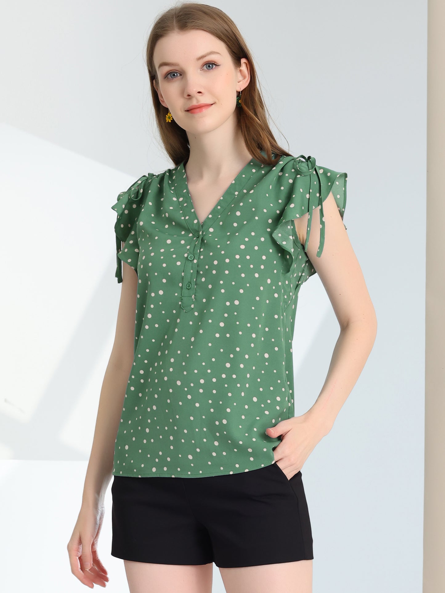 Women's Polka Dots Ruffle Chiffon V Neck Blouse Cap Sleeve Summer Top