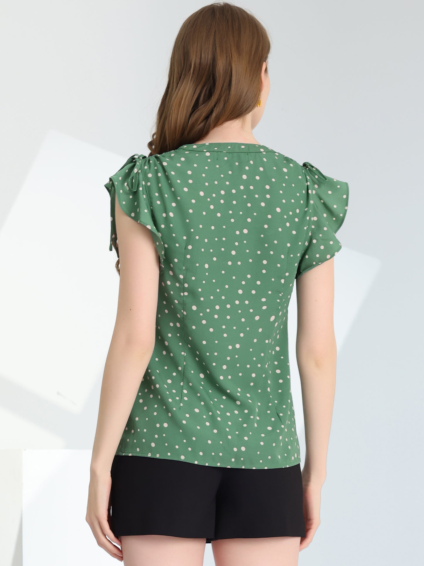 Women's Polka Dots Ruffle Chiffon V Neck Blouse Cap Sleeve Summer Top
