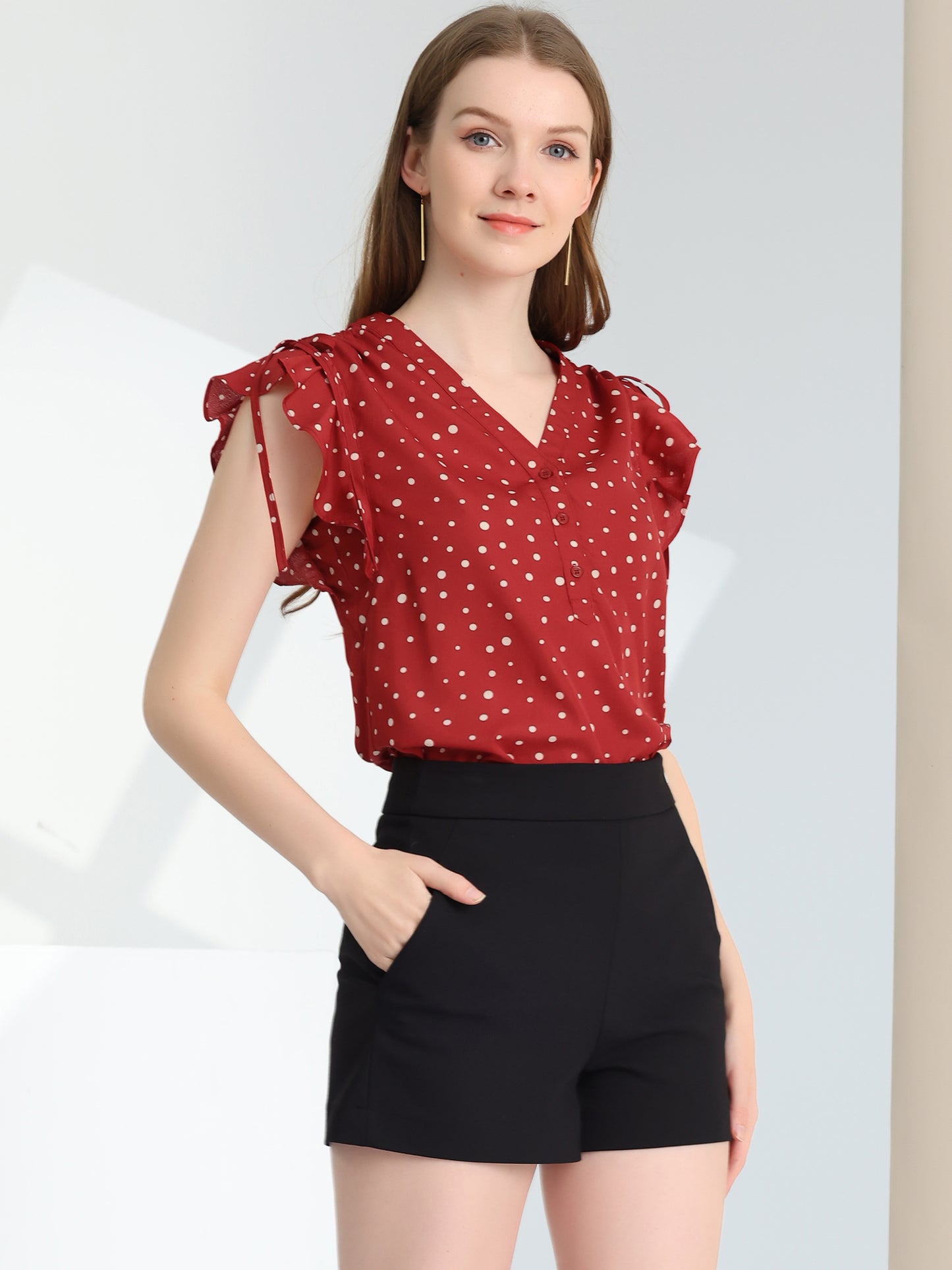 Women's Polka Dots Ruffle Chiffon V Neck Blouse Cap Sleeve Summer Top