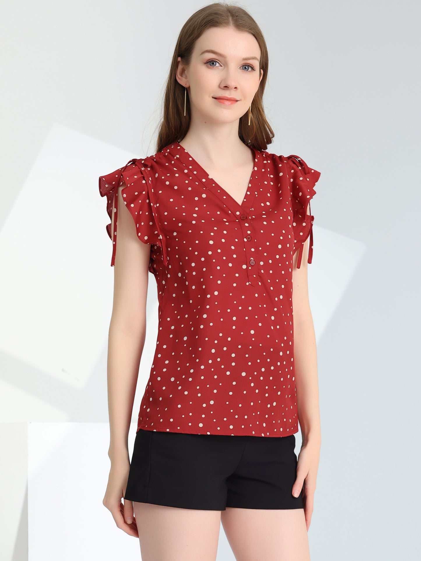 Women's Polka Dots Ruffle Chiffon V Neck Blouse Cap Sleeve Summer Top