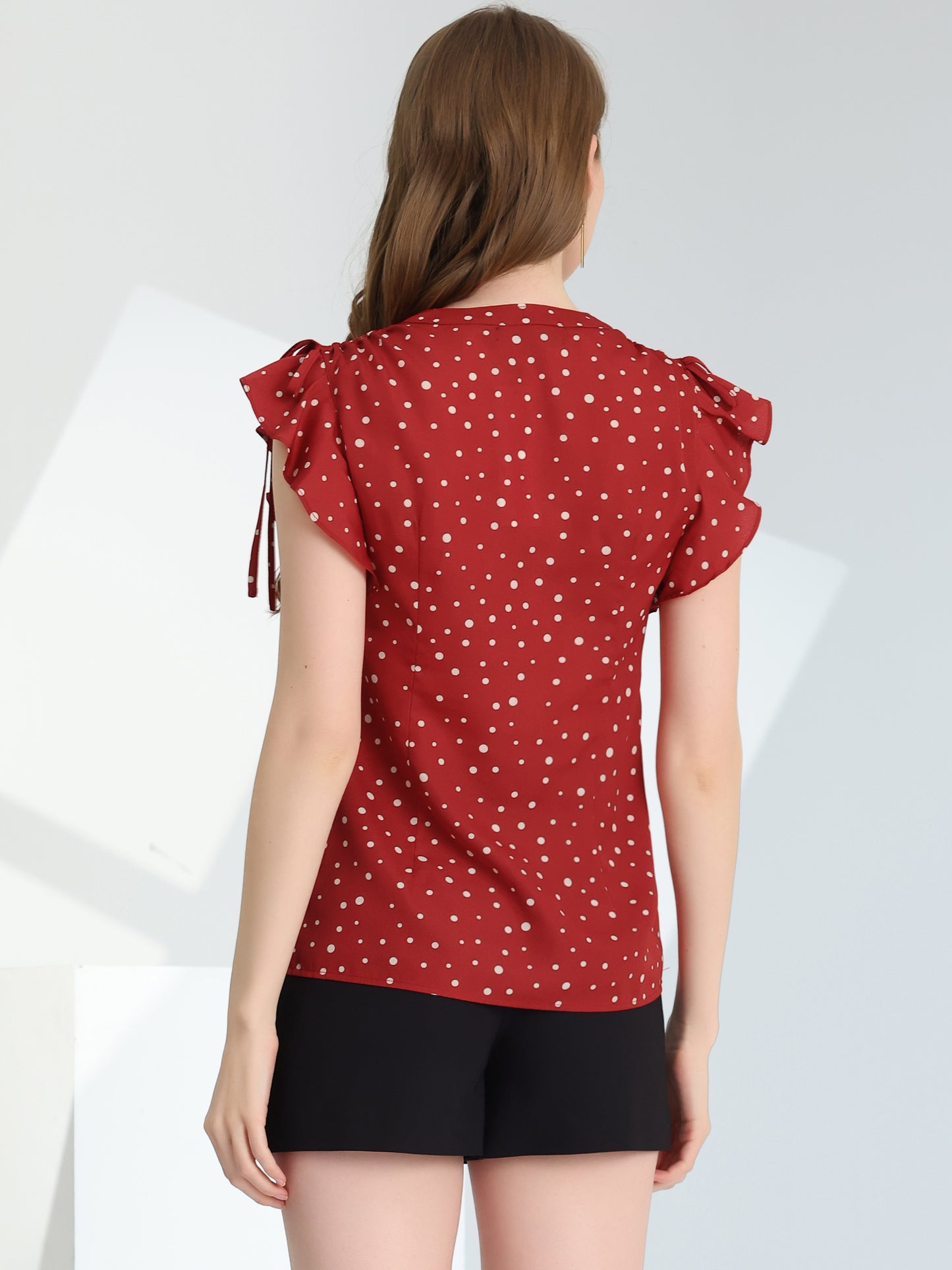 Women's Polka Dots Ruffle Chiffon V Neck Blouse Cap Sleeve Summer Top
