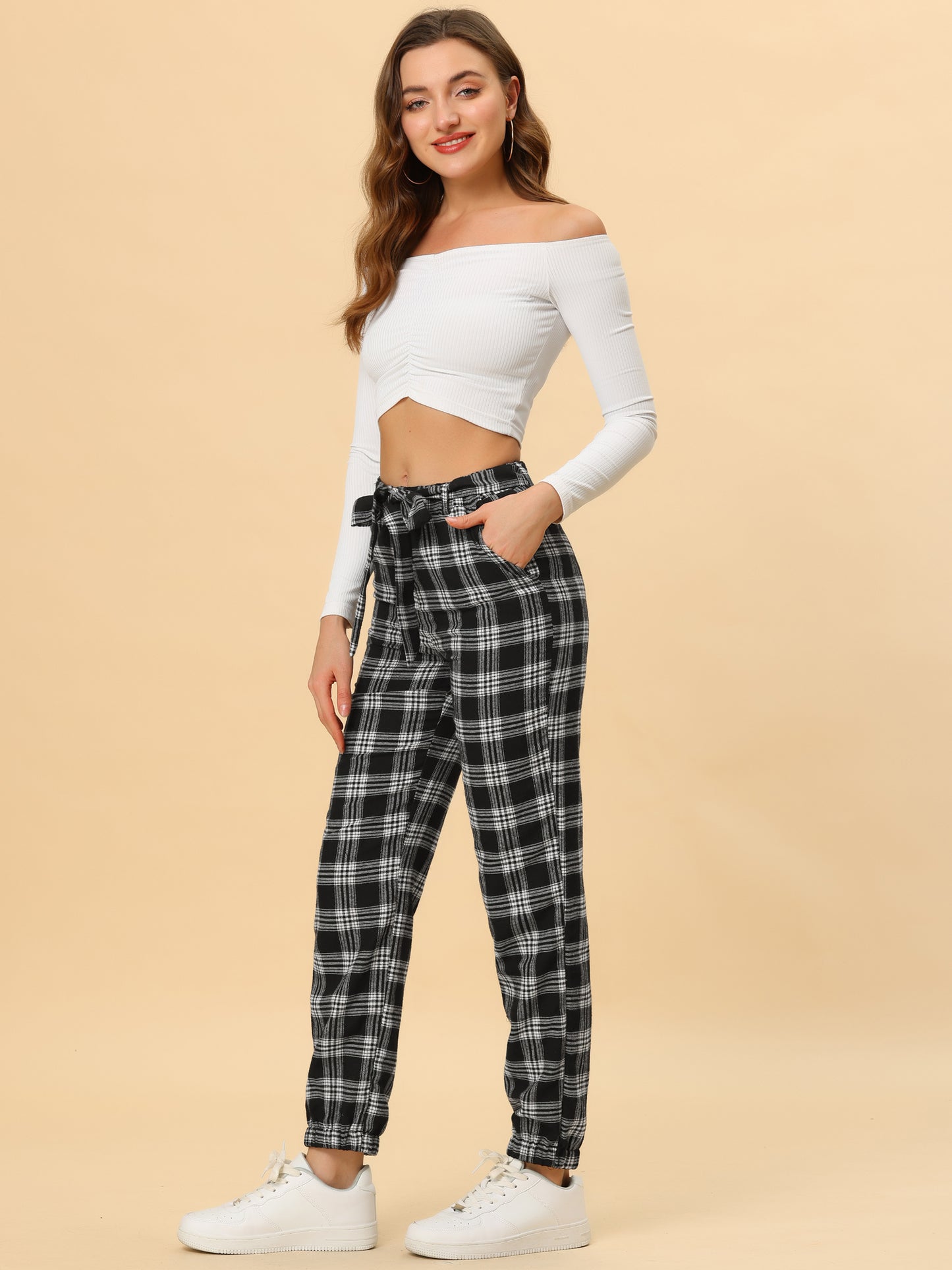 Women's Plaid Sweatpants Tapered Tie High Waisted Tartan Pants with Pockets