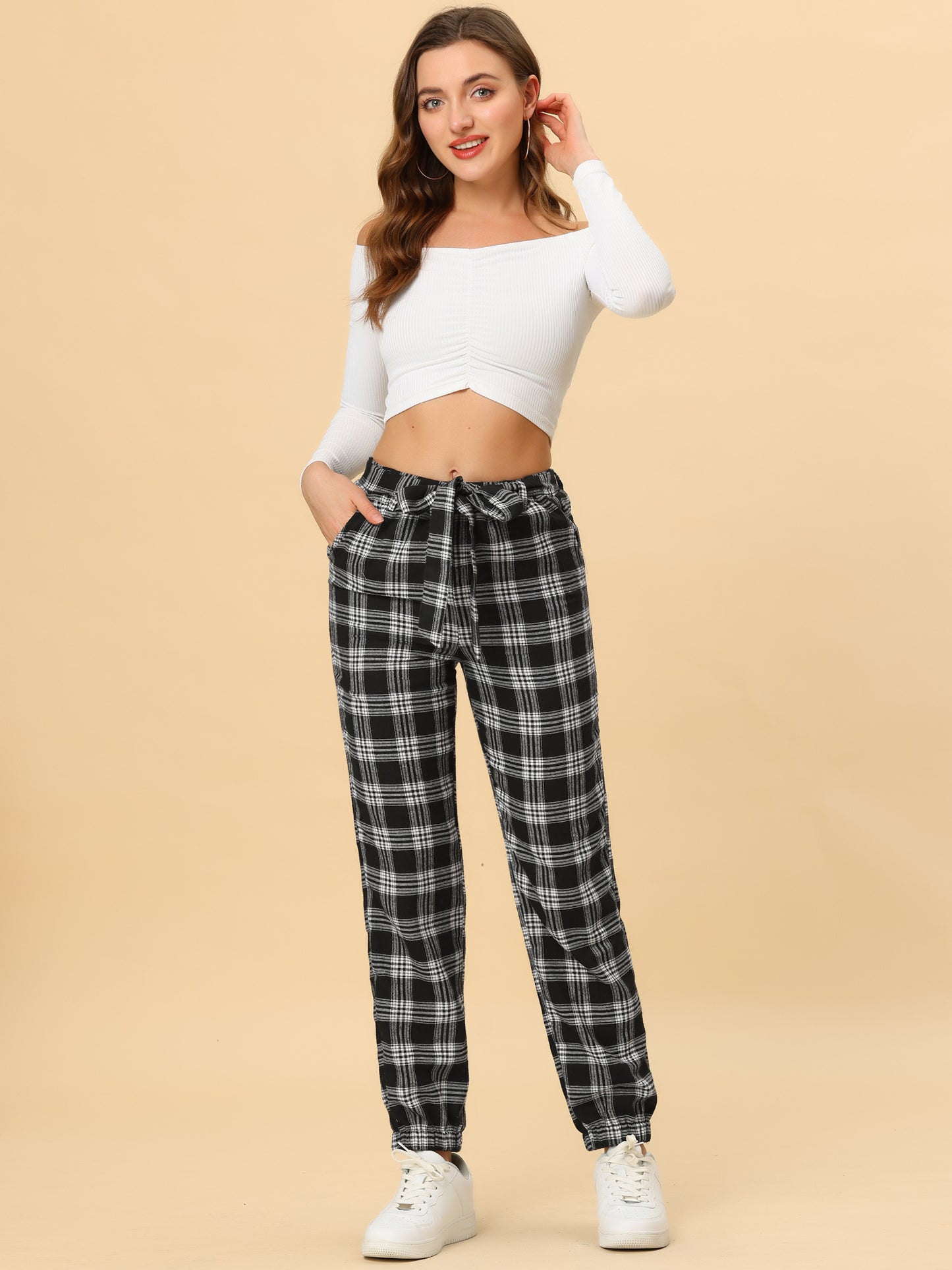 Women's Plaid Sweatpants Tapered Tie High Waisted Tartan Pants with Pockets
