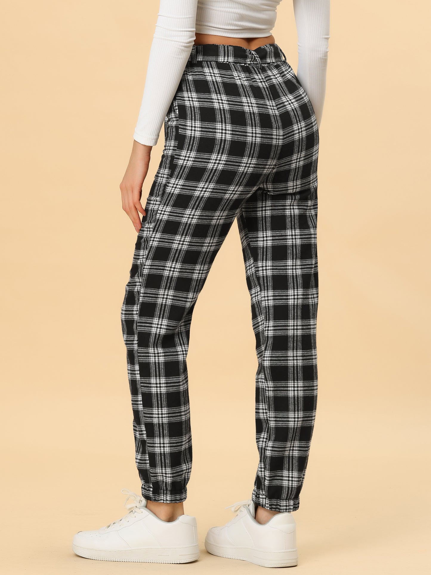 Women's Plaid Sweatpants Tapered Tie High Waisted Tartan Pants with Pockets