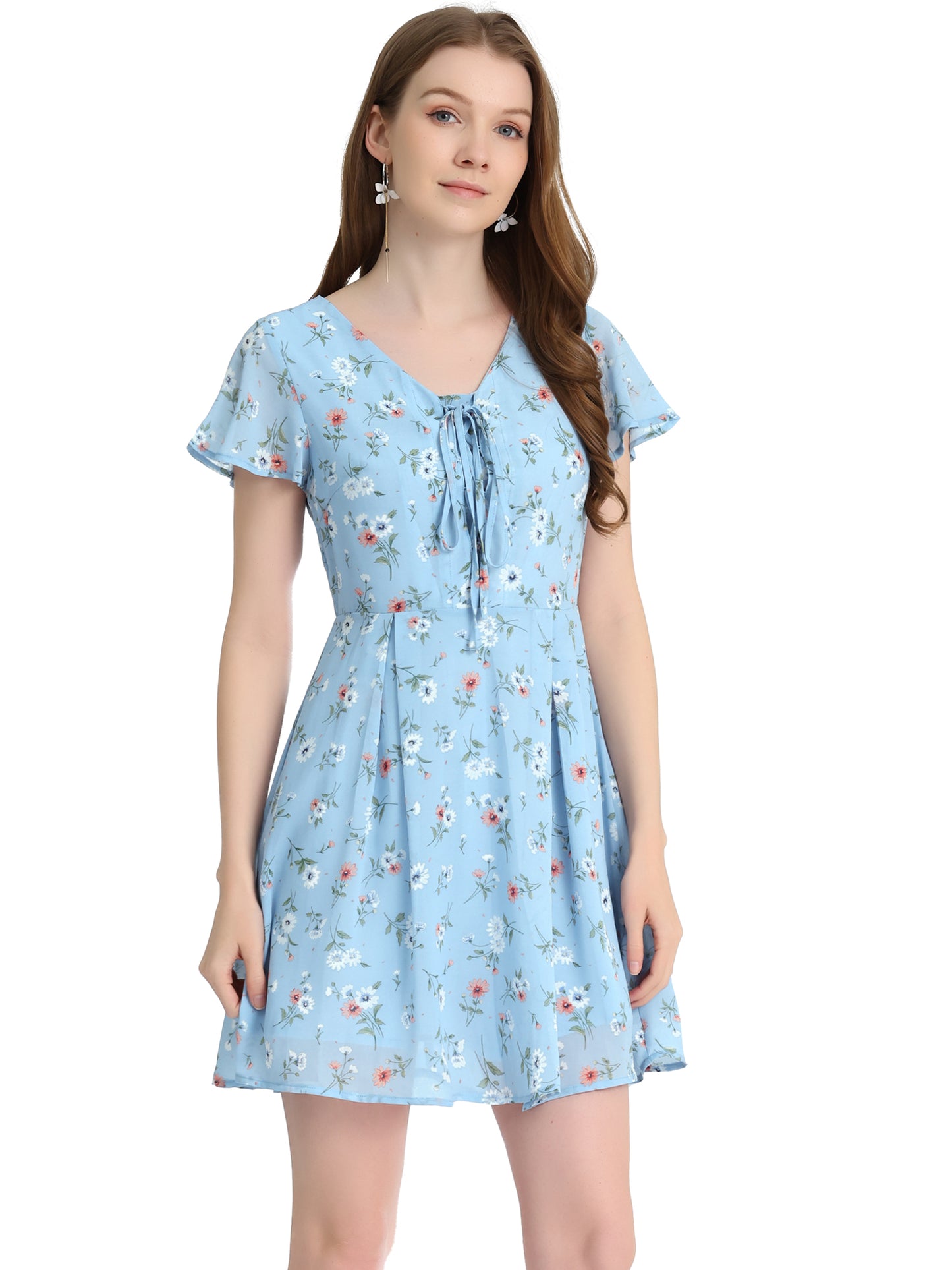 Women Floral Lace-Up V-Neck Flouncing Sleeve Chiffon A-Line Dress