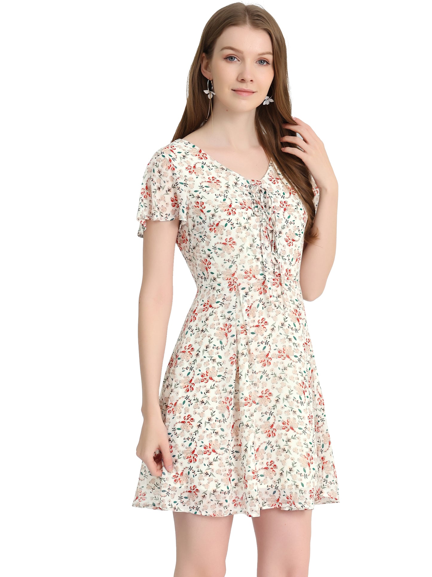 Women Floral Lace-Up V-Neck Flouncing Sleeve Chiffon A-Line Dress