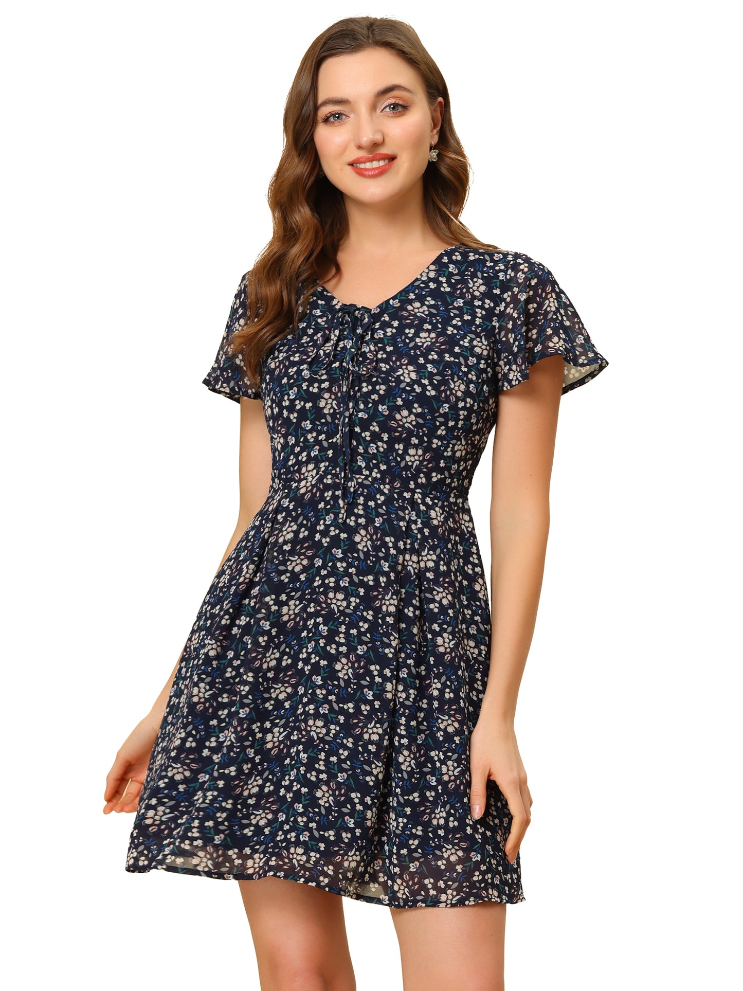 Women Floral Lace-Up V-Neck Flouncing Sleeve Chiffon A-Line Dress
