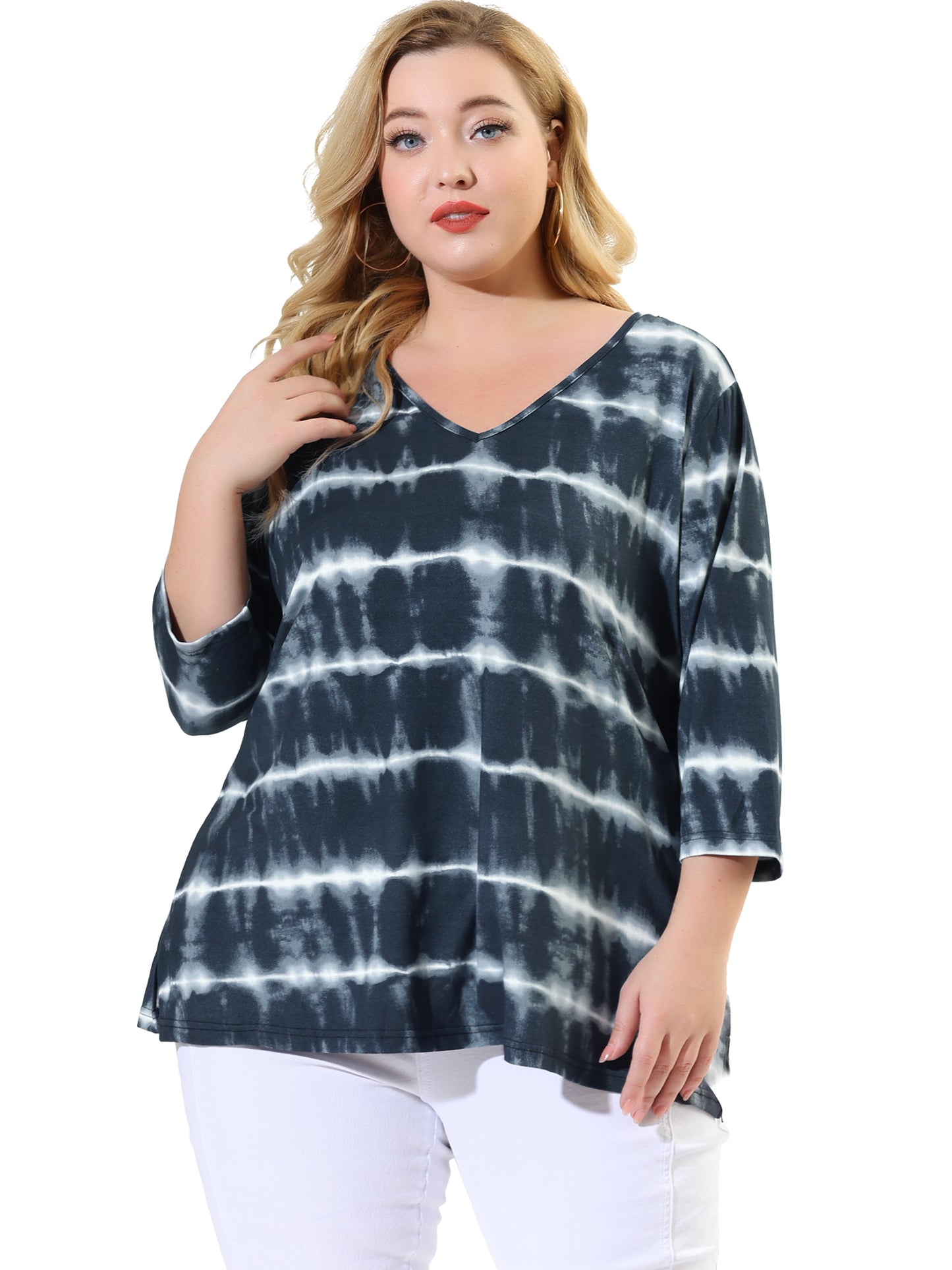Women Plus Size T Shirt V Neck 3/4 Sleeve Loose Casual Blouse Striped Tie Dye Print