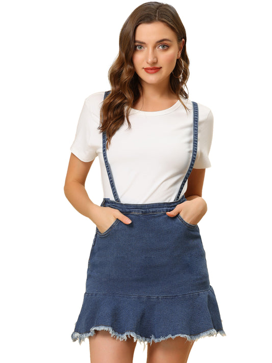 Women's Suspender Overall Skirts Ruffle Hem Frayed Denim Mini Skirt