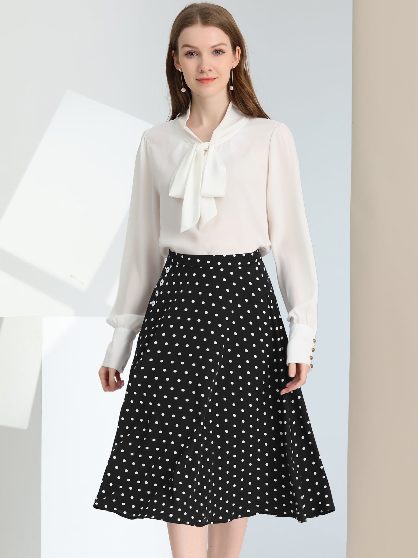 Falda midi vintage de corte A con cintura elástica y lunares retro para mujer