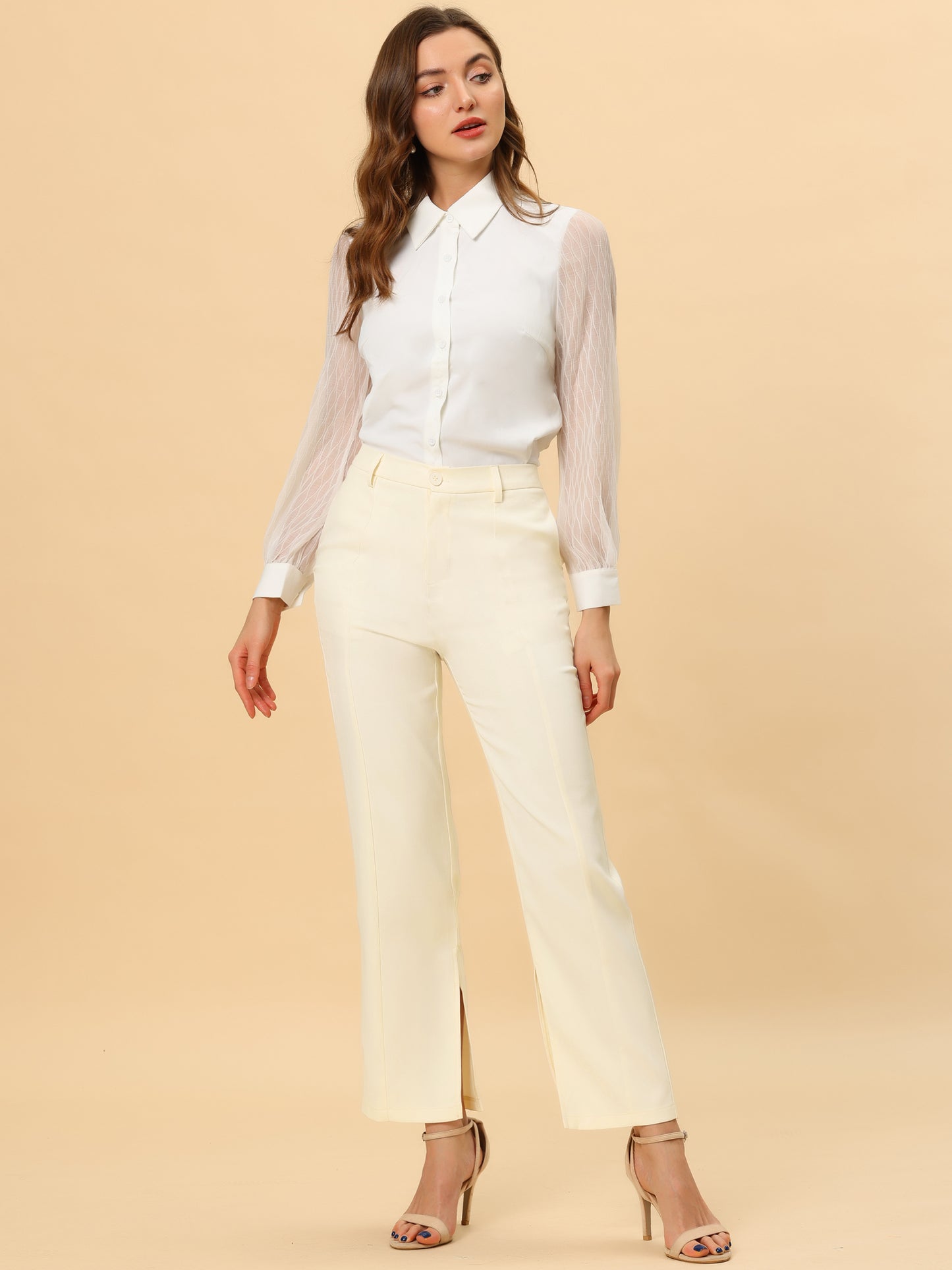 Women's High Waist Straight Leg Trousers Slit Hem Stretch Work Pants