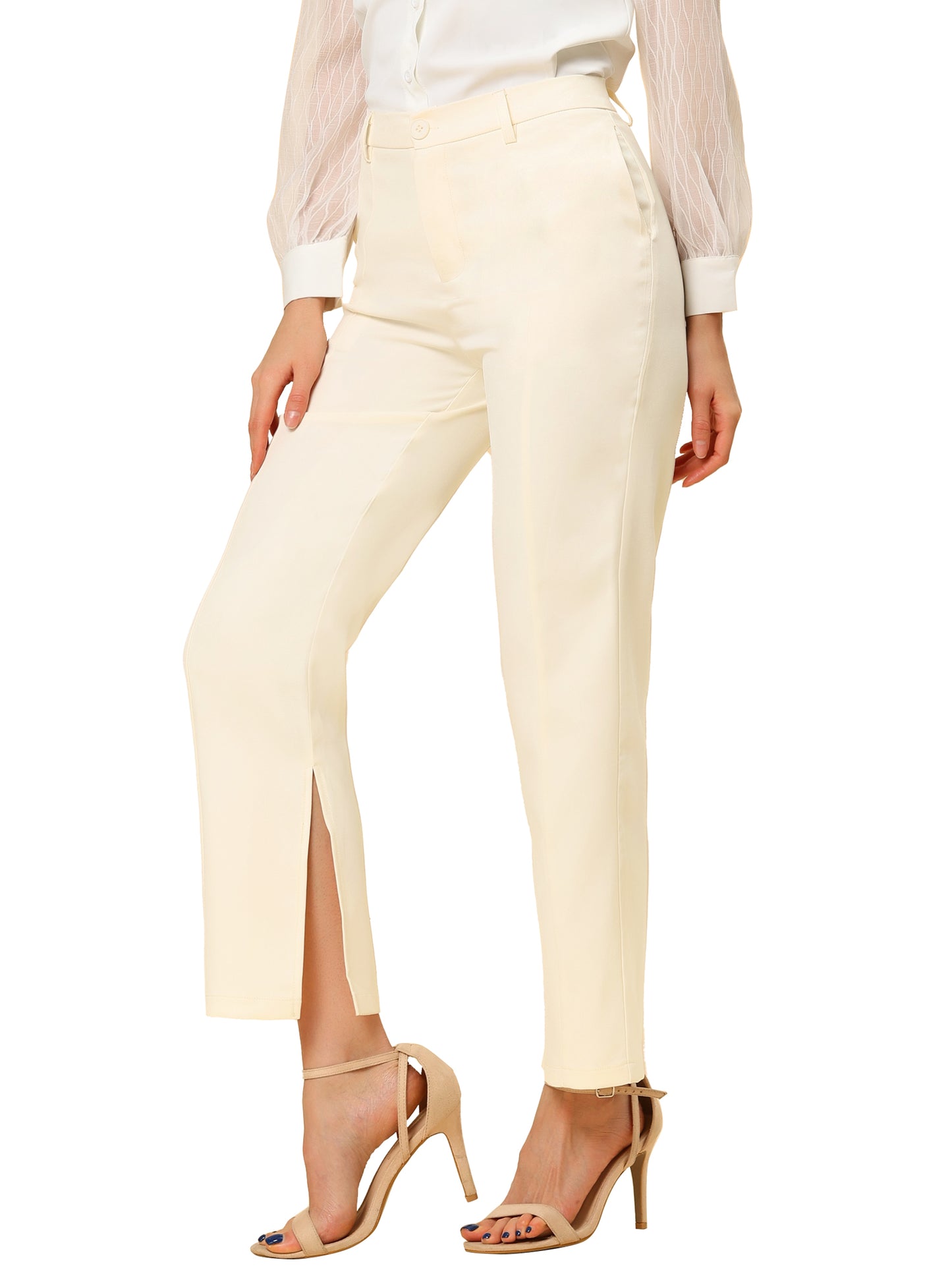 Women's High Waist Straight Leg Trousers Slit Hem Stretch Work Pants