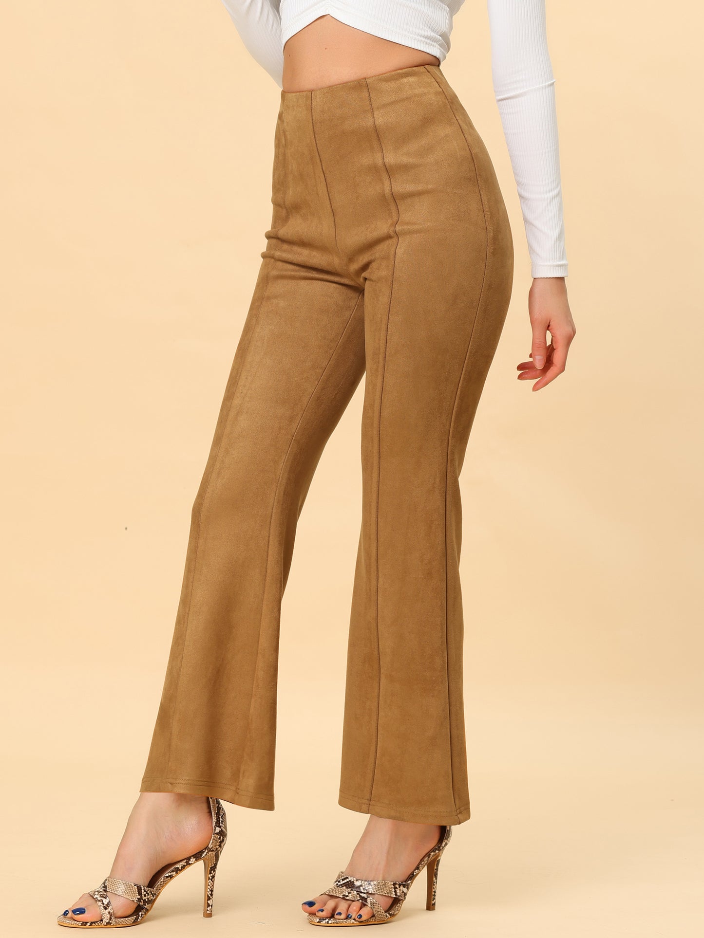 Women's Faux Suede Pants Business Casual Wide Legs Bell Bottom Flared Trousers (Available in Plus Size)