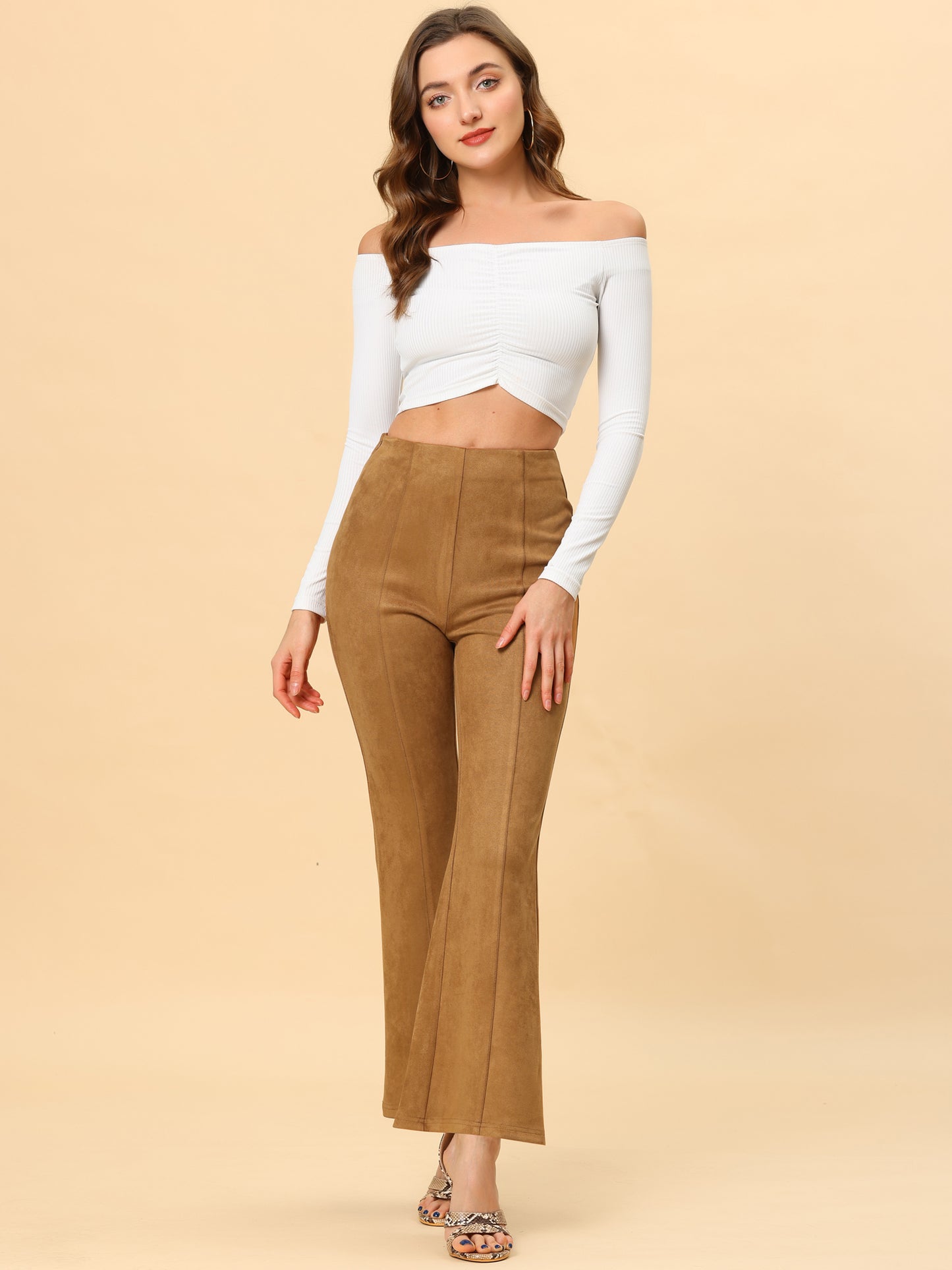 Women's Faux Suede Pants Business Casual Wide Legs Bell Bottom Flared Trousers (Available in Plus Size)