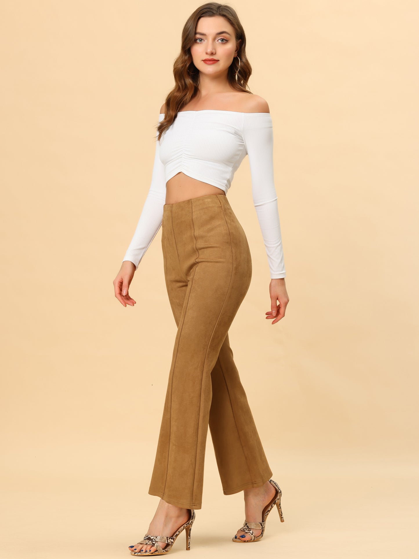 Women's Faux Suede Pants Business Casual Wide Legs Bell Bottom Flared Trousers (Available in Plus Size)