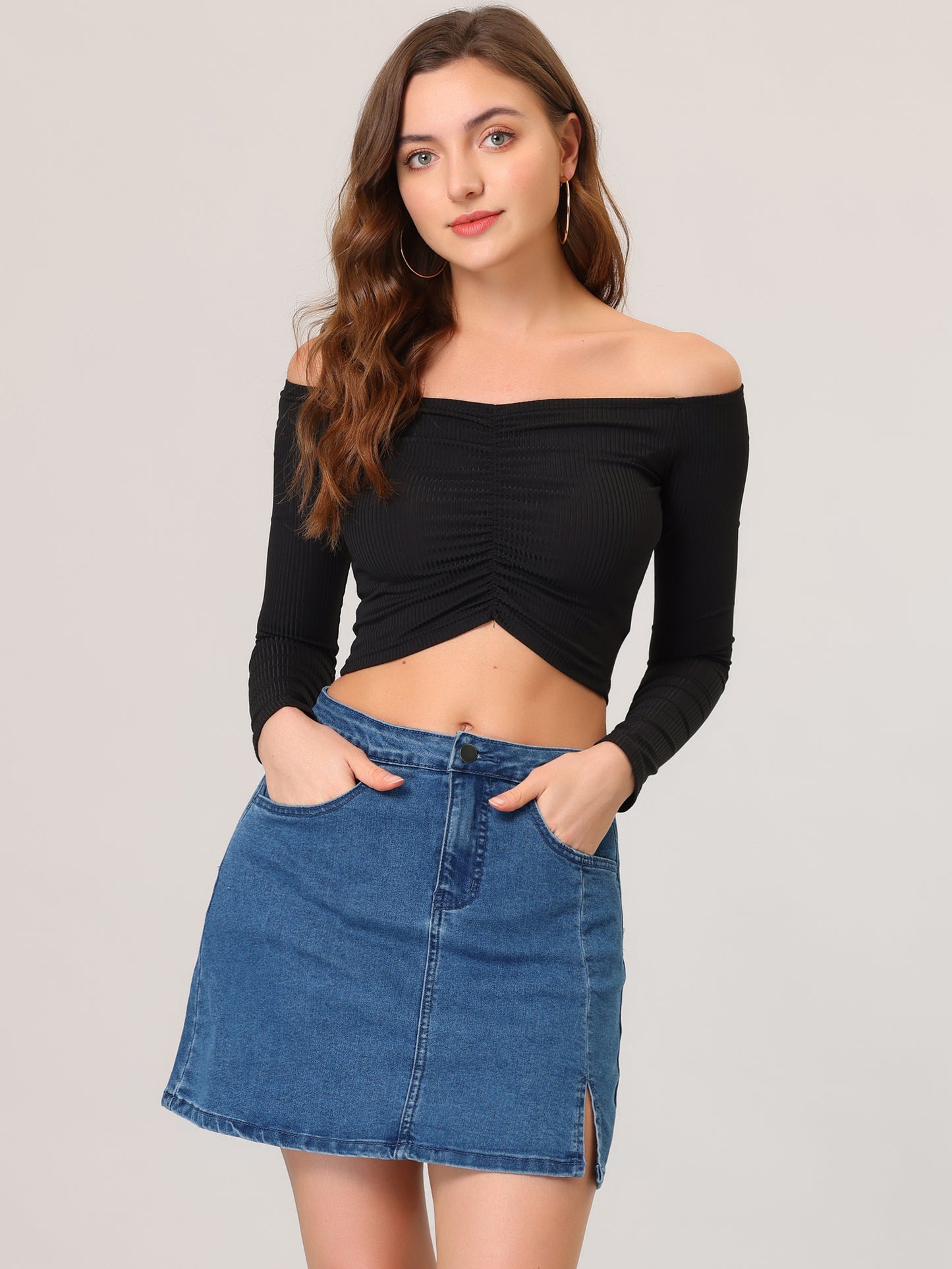 Women's High Waist Denim Skirt Side Slit Casual Stretch Short Mini Jean Skirt
