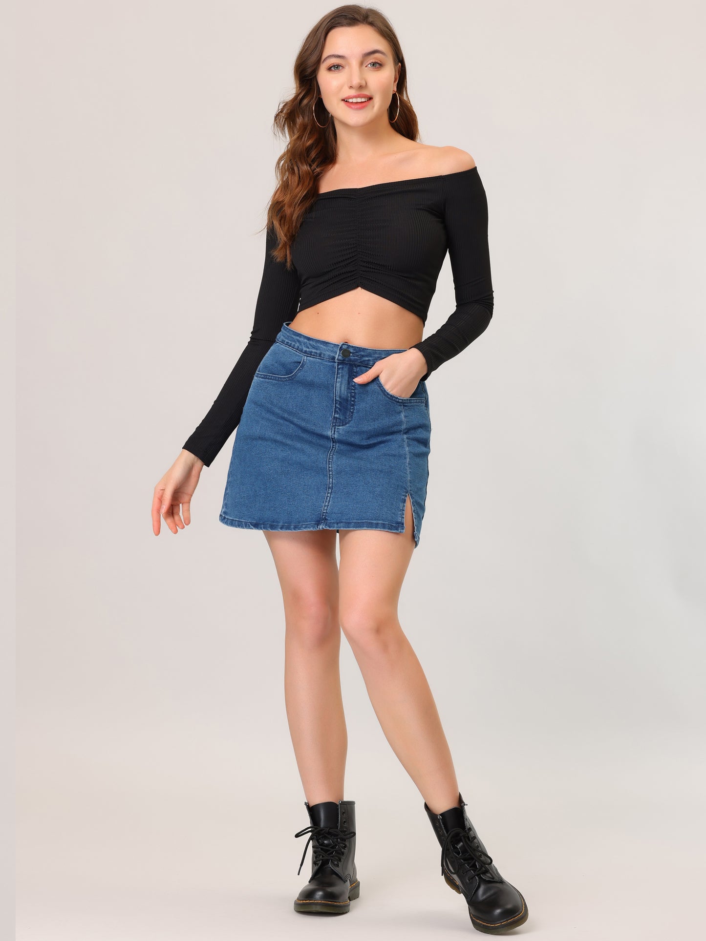 Women's High Waist Denim Skirt Side Slit Casual Stretch Short Mini Jean Skirt