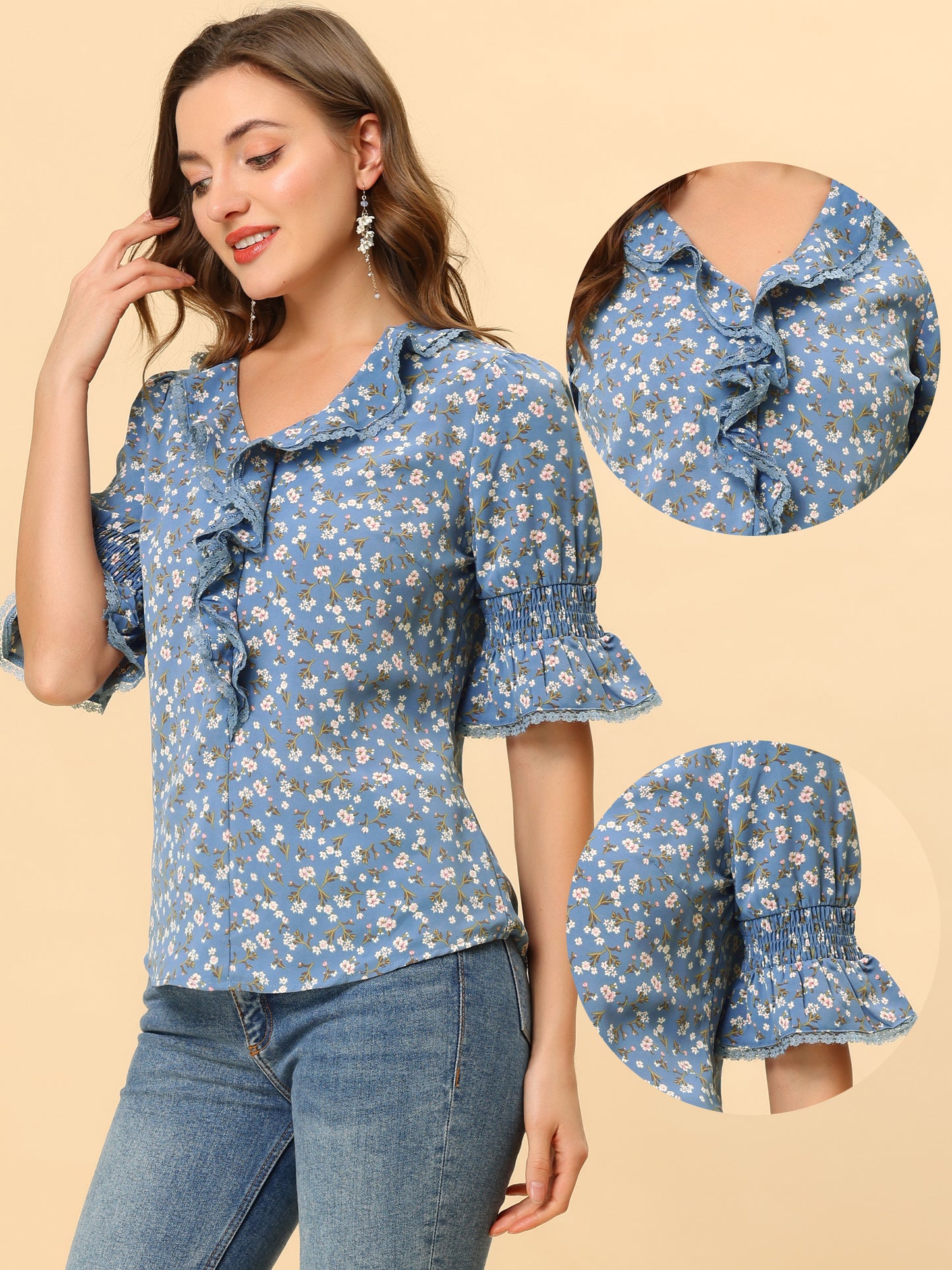 Women's Ruffle V Neck Puff Sleeve Blouse Summer Casual Chiffon Top