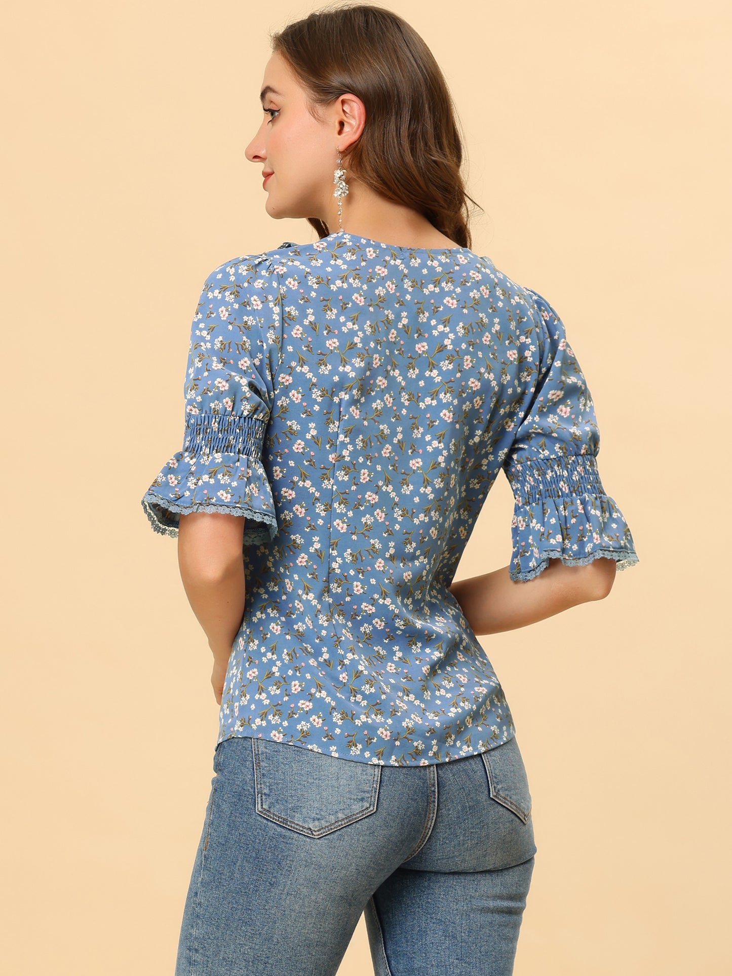 Women's Ruffle V Neck Puff Sleeve Blouse Summer Casual Chiffon Top