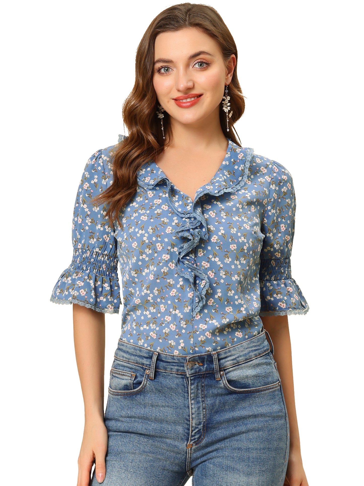 Women's Ruffle V Neck Puff Sleeve Blouse Summer Casual Chiffon Top