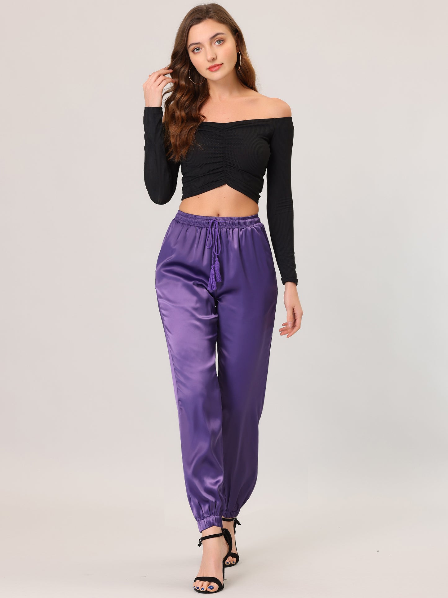 Women's Drawstring Elastic Waist Athleisure Pants Casual Ankle Length Satin Joggers with Pocket