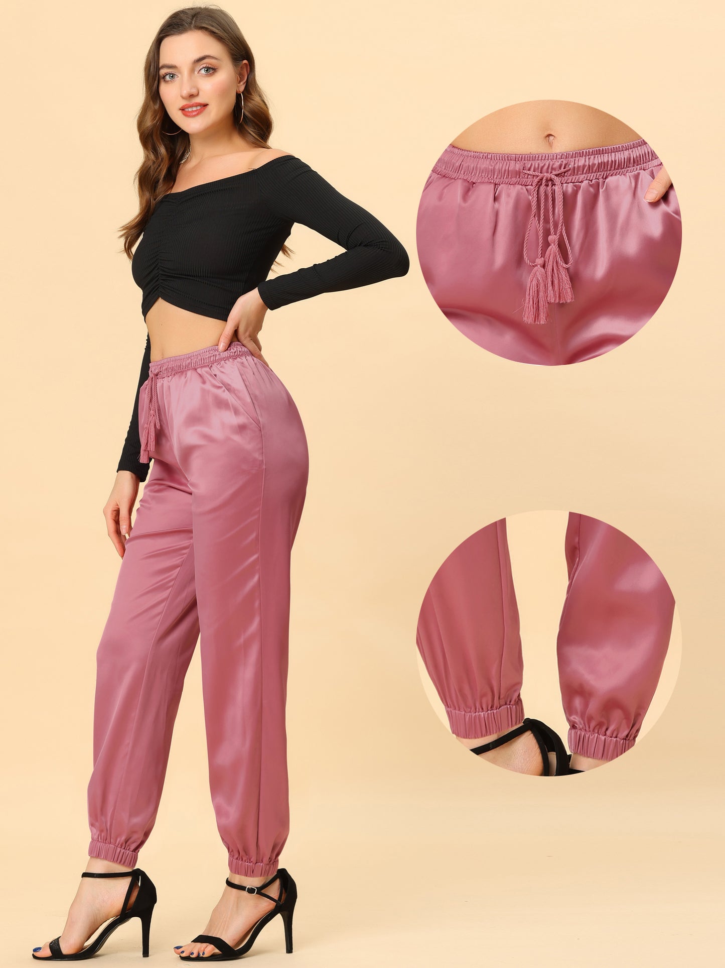 Women's Drawstring Elastic Waist Athleisure Pants Casual Ankle Length Satin Joggers with Pocket