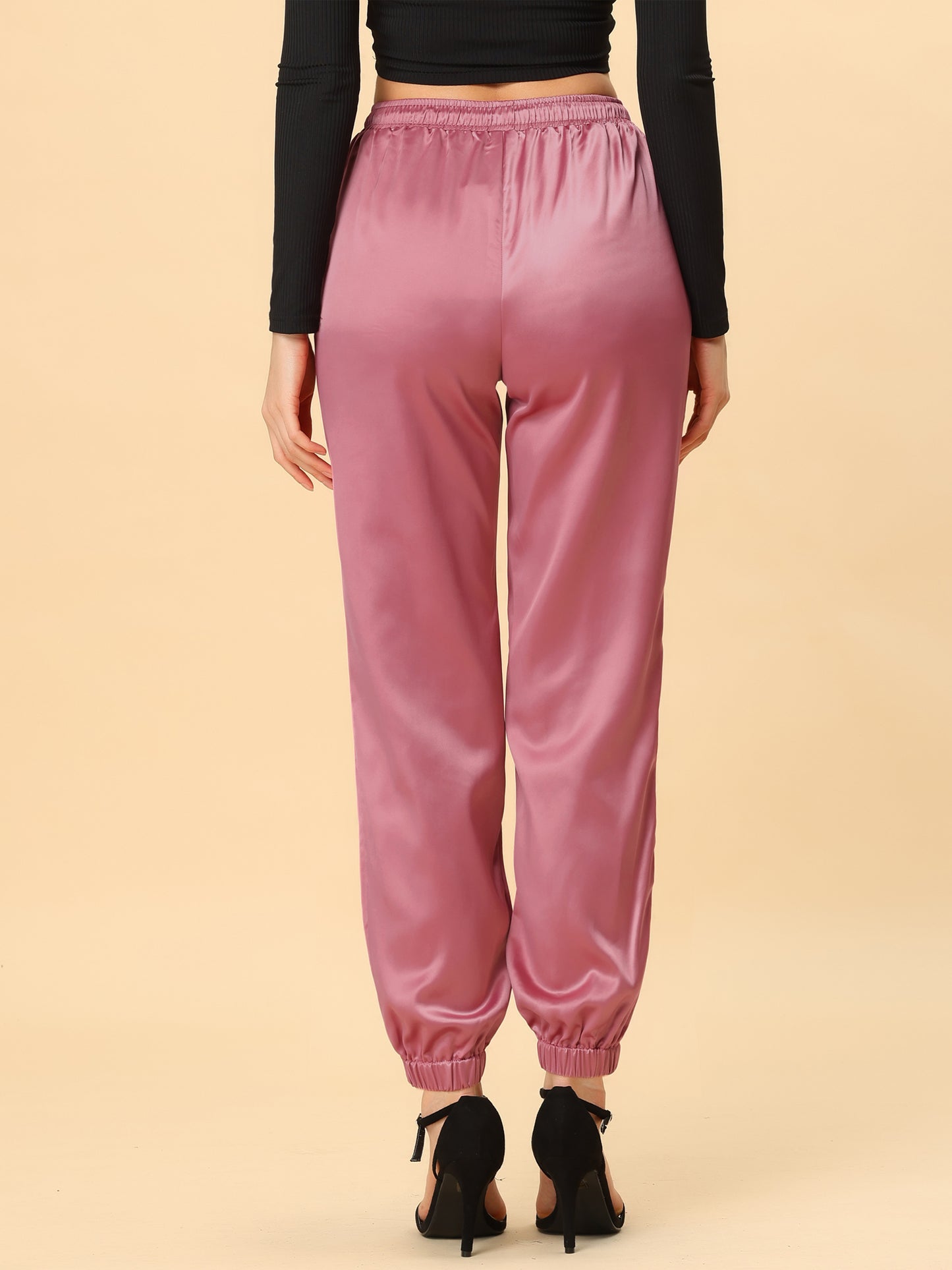 Women's Drawstring Elastic Waist Athleisure Pants Casual Ankle Length Satin Joggers with Pocket