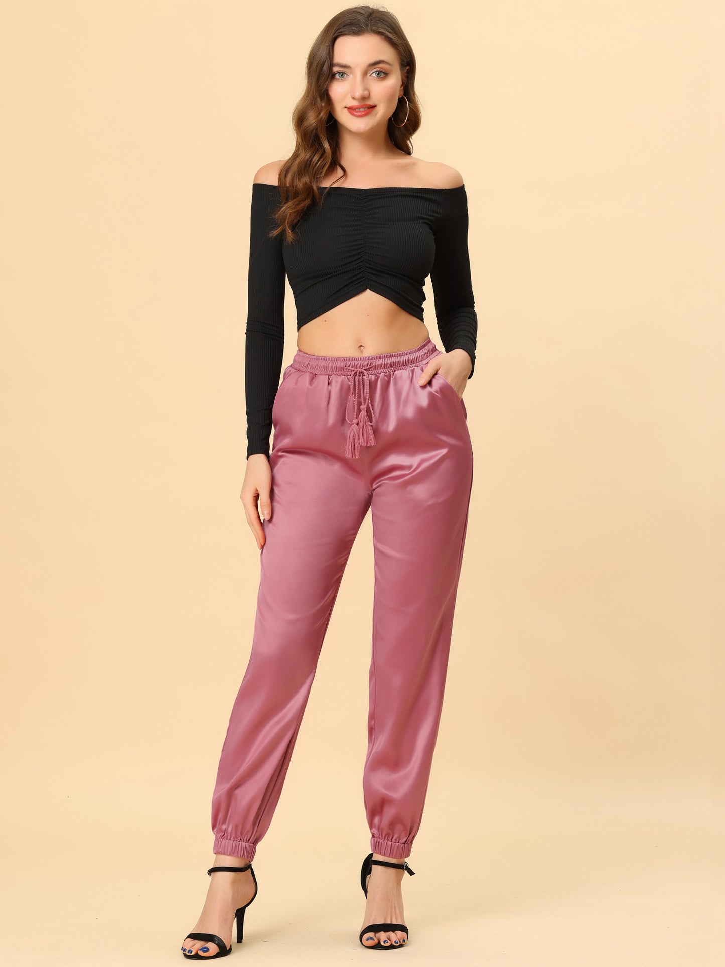 Women's Drawstring Elastic Waist Athleisure Pants Casual Ankle Length Satin Joggers with Pocket