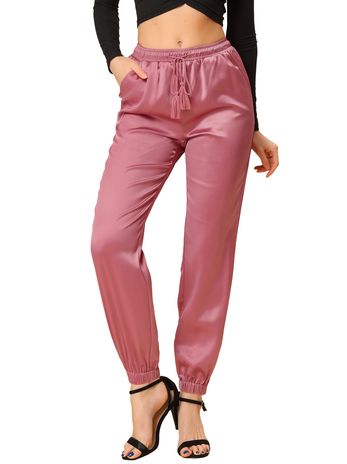 Women's Drawstring Elastic Waist Athleisure Pants Casual Ankle Length Satin Joggers with Pocket