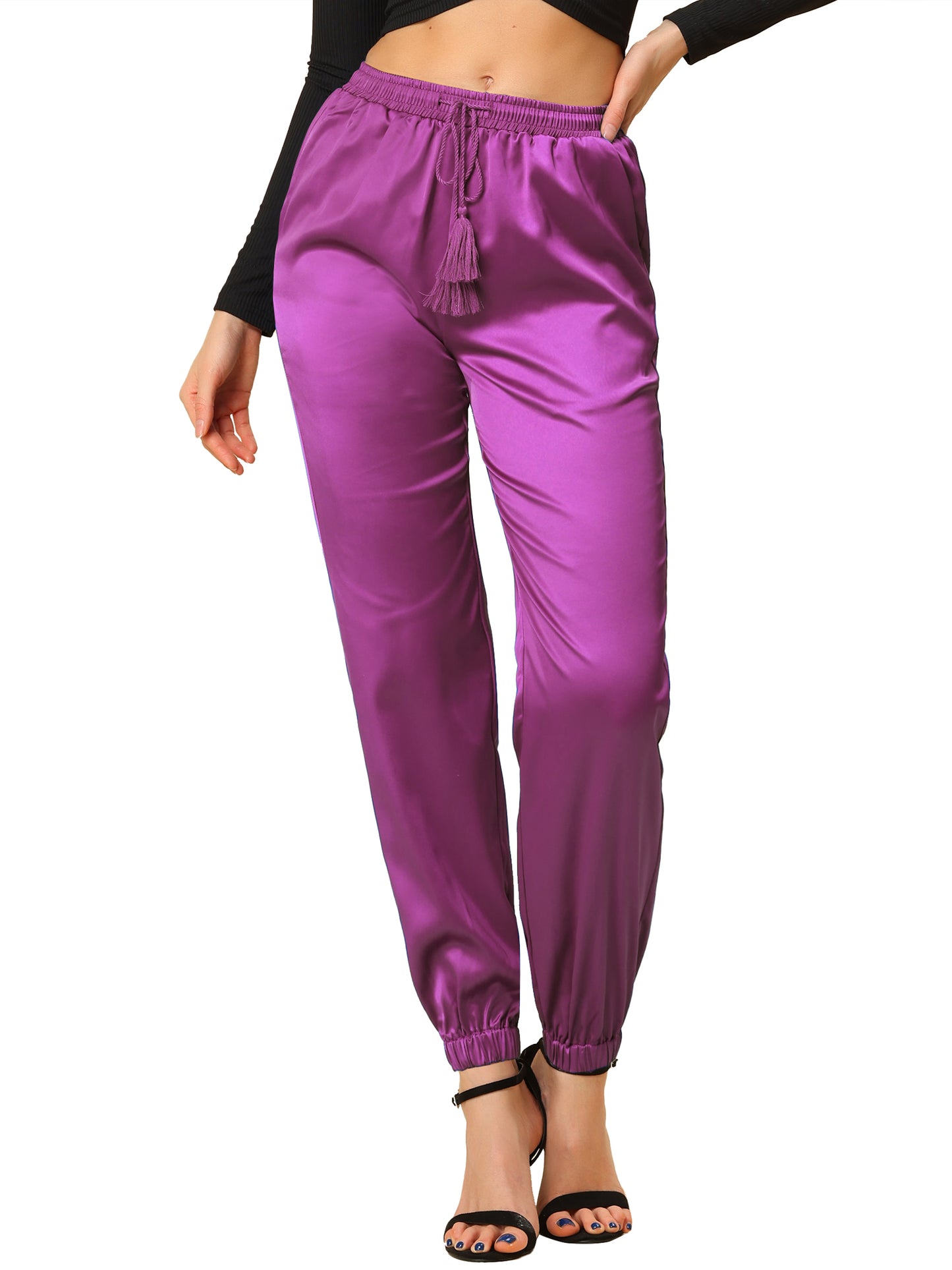Women's Drawstring Elastic Waist Athleisure Pants Casual Ankle Length Satin Joggers with Pocket