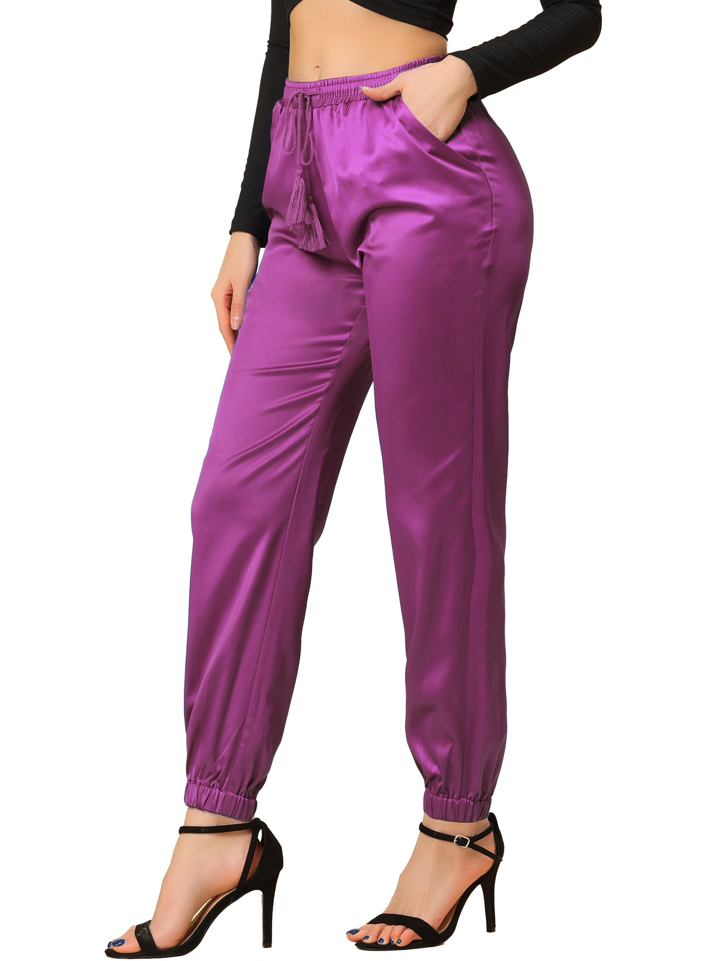 Women's Drawstring Elastic Waist Athleisure Pants Casual Ankle Length Satin Joggers with Pocket