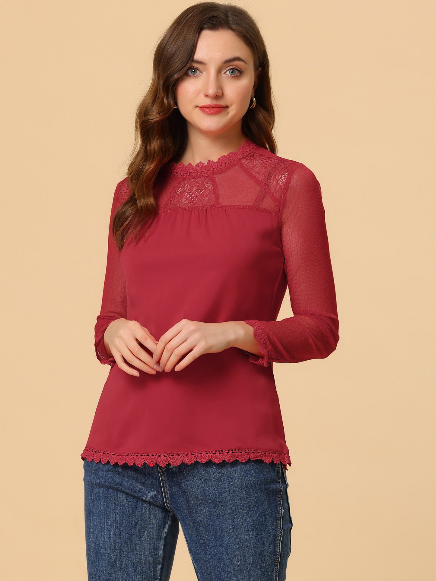 Women's Chiffon Top Elegant Sheer Mesh Lace Long Sleeve Blouse