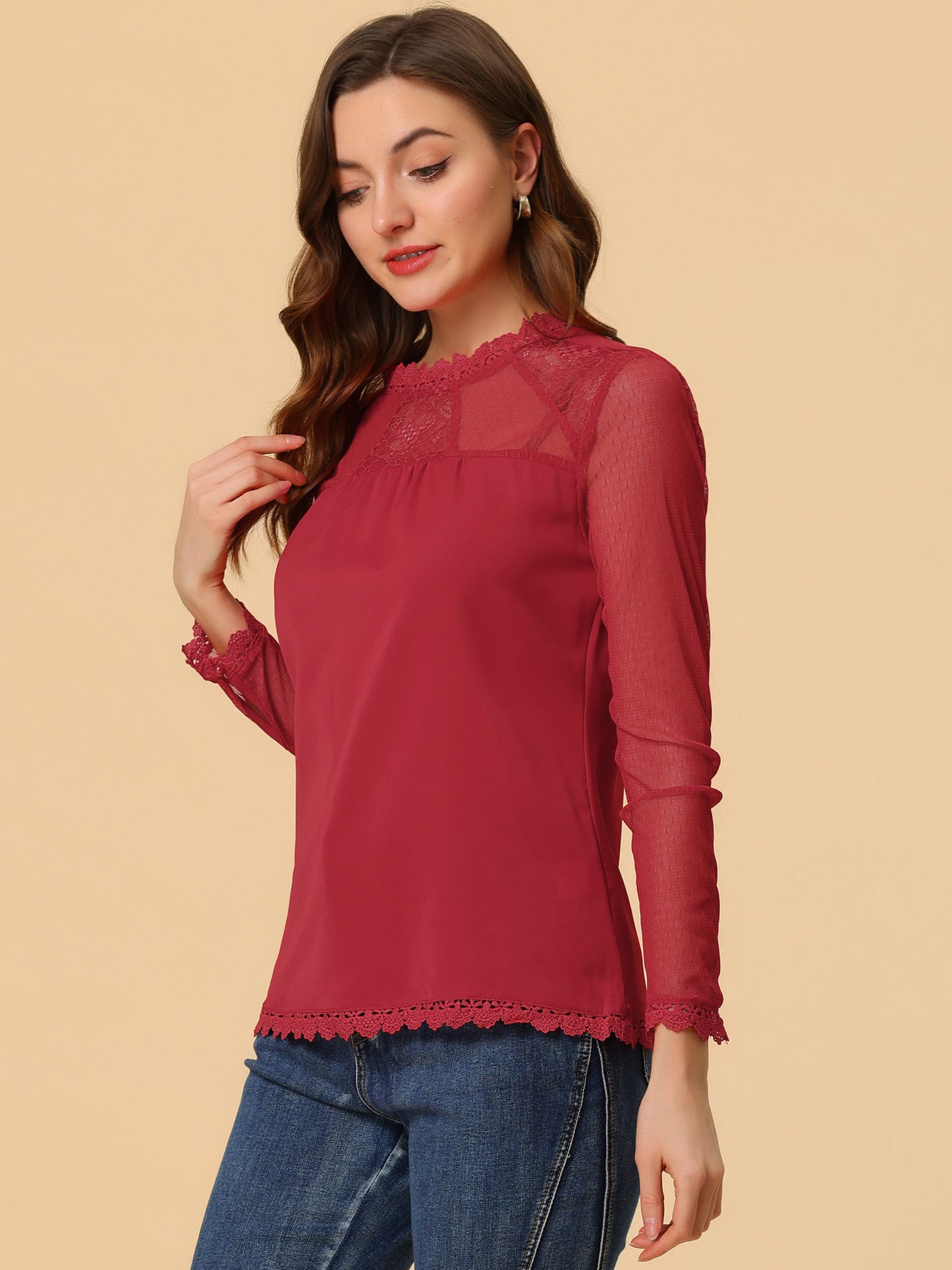 Women's Chiffon Top Elegant Sheer Mesh Lace Long Sleeve Blouse