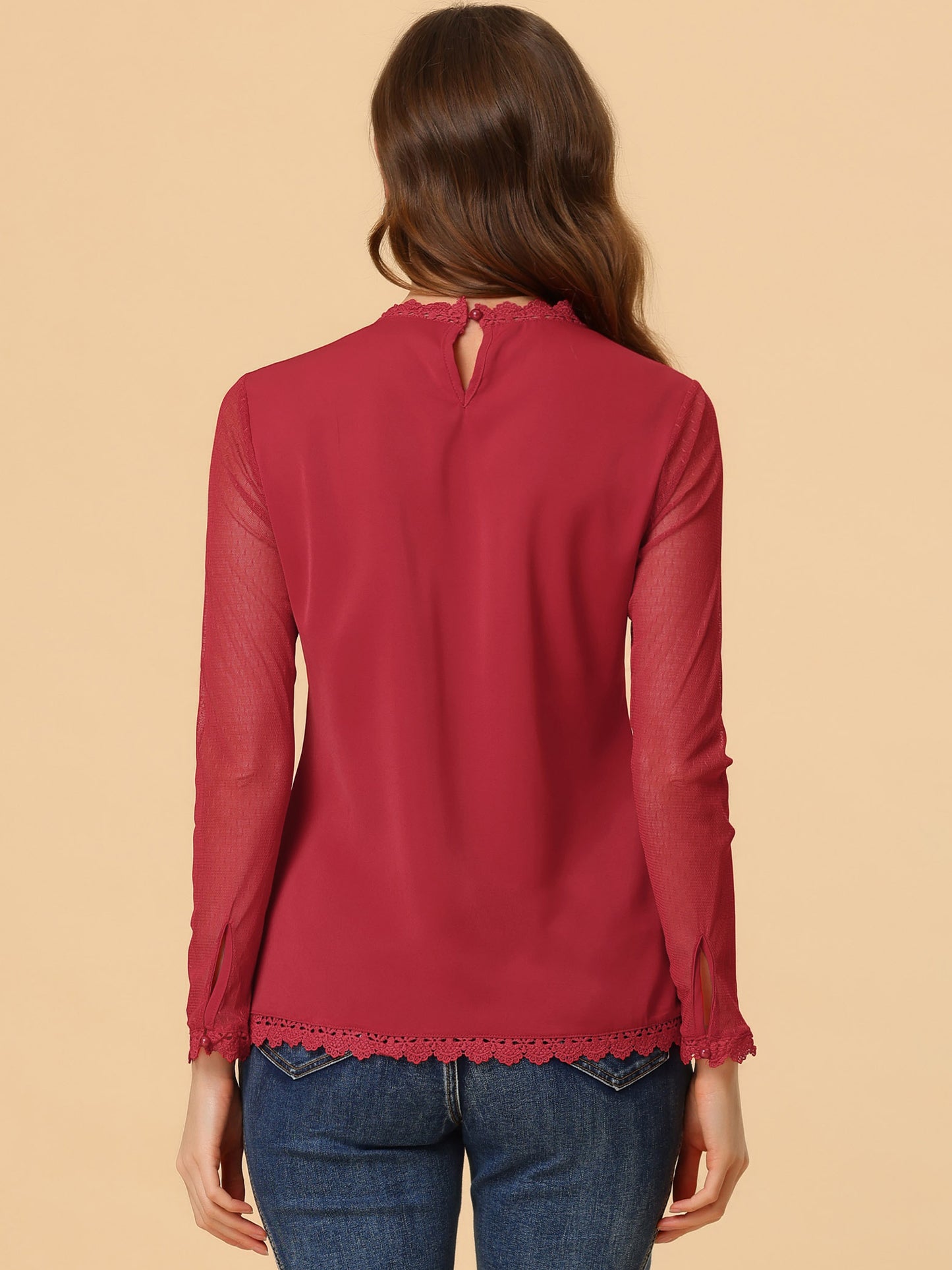 Women's Chiffon Top Elegant Sheer Mesh Lace Long Sleeve Blouse